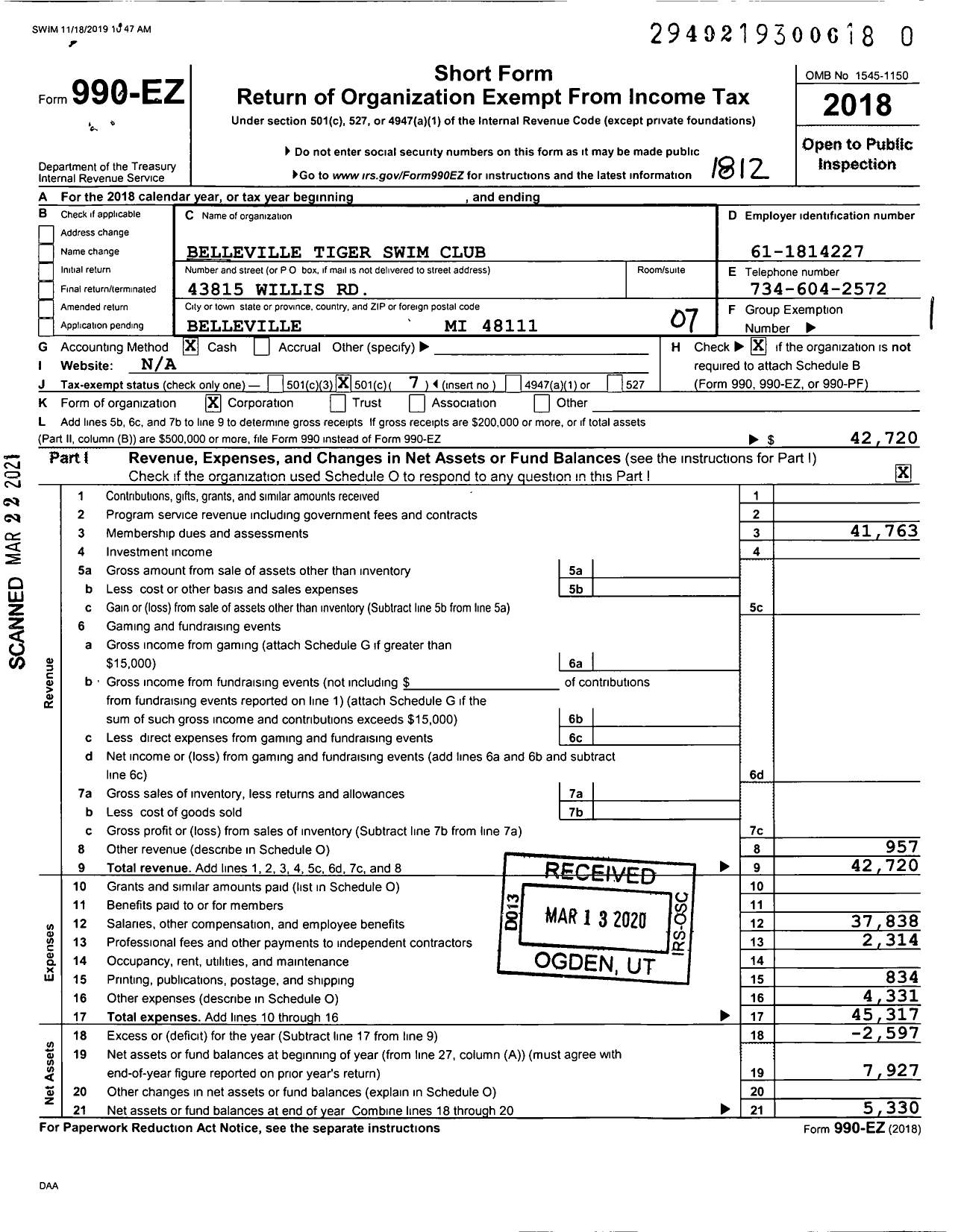 Image of first page of 2018 Form 990EO for Belleville Tiger Swim Club