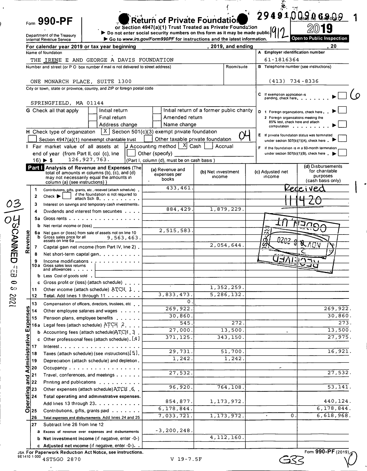 Image of first page of 2019 Form 990PF for The Irene E and George A Davis Foundation