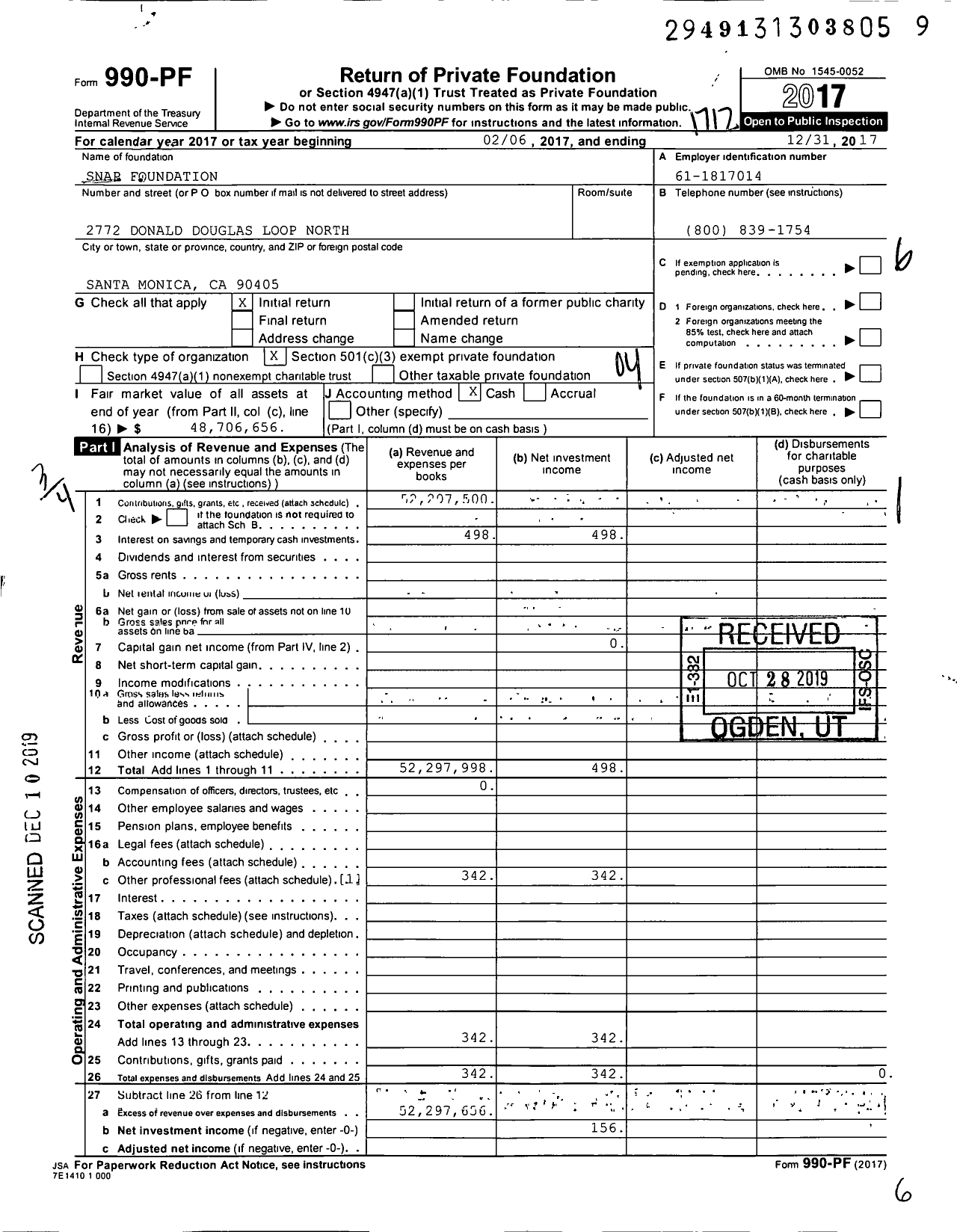 Image of first page of 2017 Form 990PF for Snap Foundation