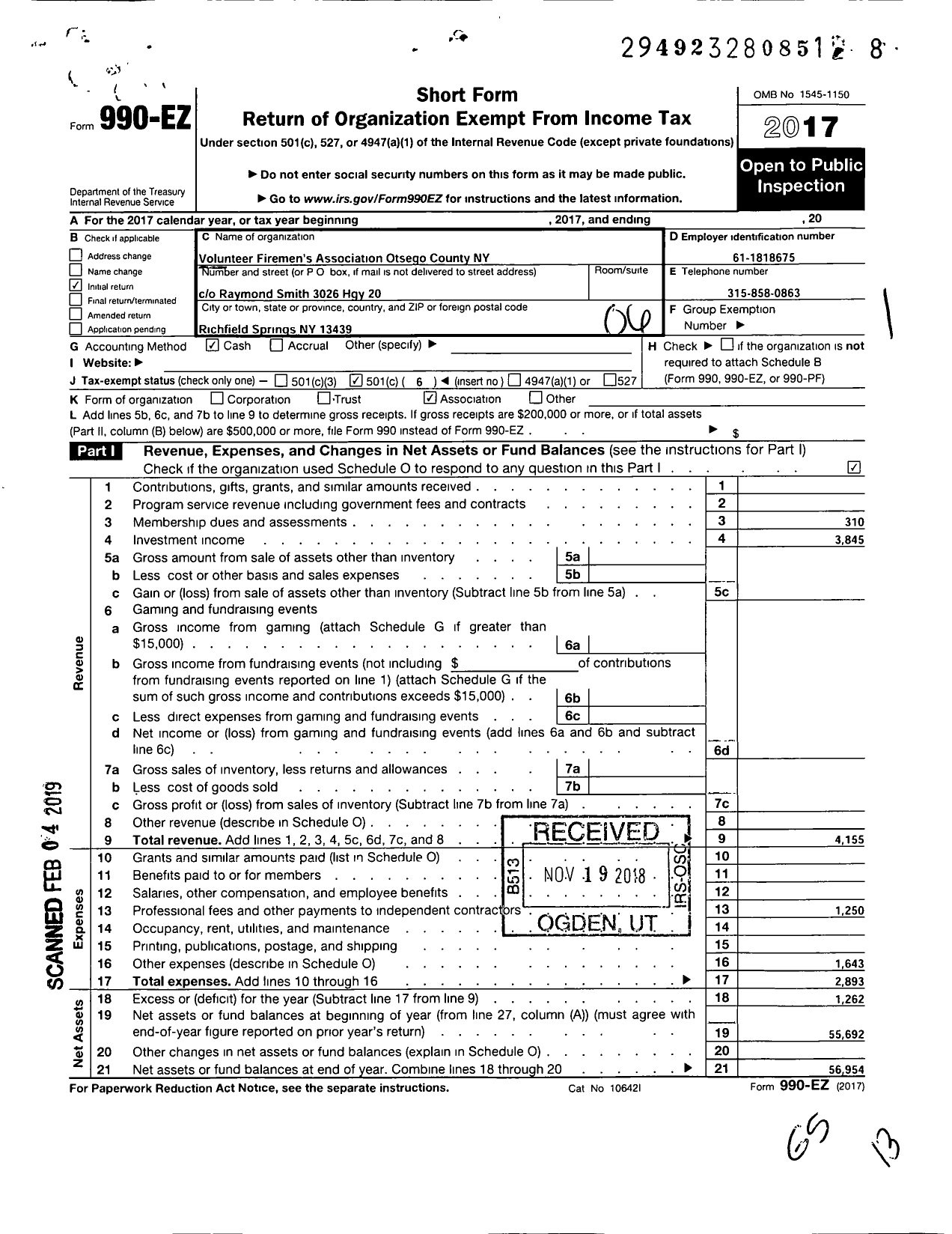 Image of first page of 2017 Form 990EO for Volunteer Firemen's Association of Otsego County NY