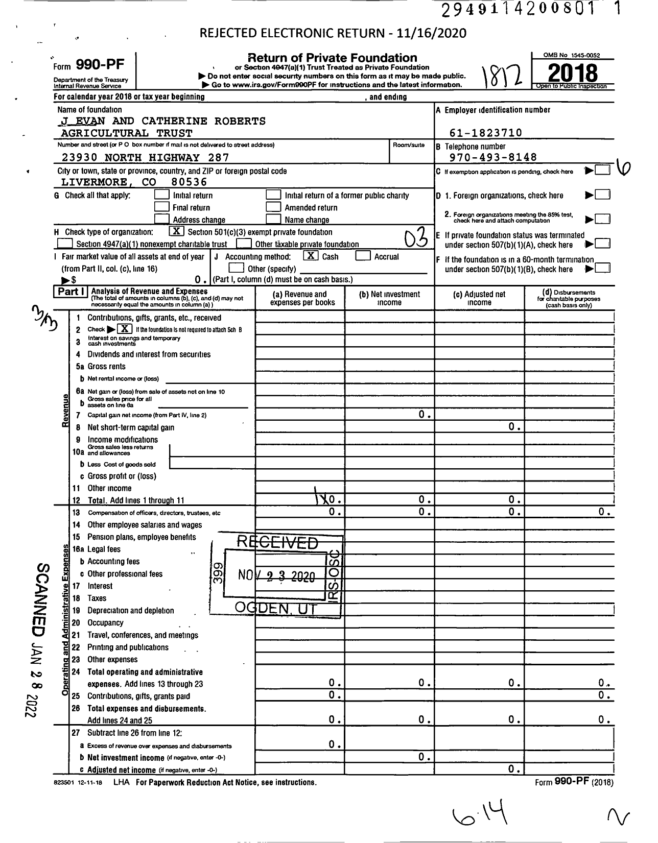 Image of first page of 2018 Form 990PF for J Evan and Catherine Roberts Agricultural