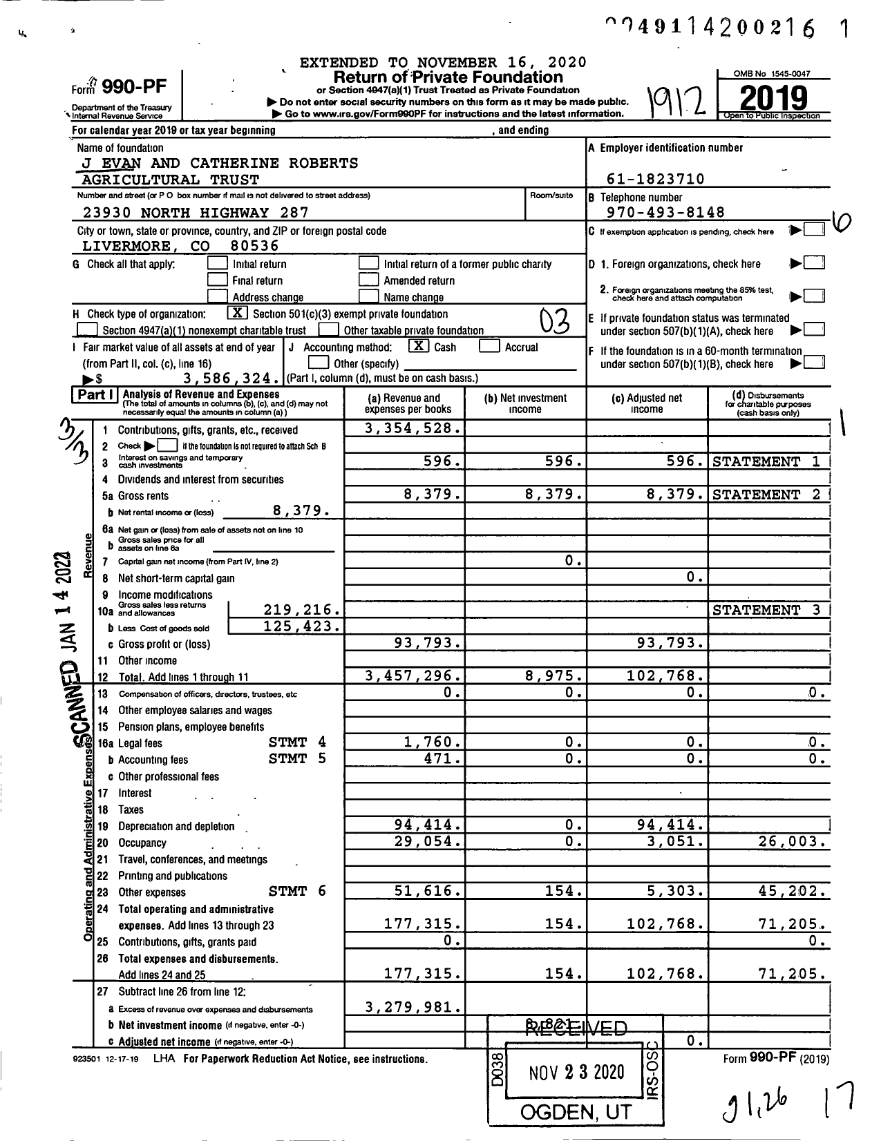 Image of first page of 2019 Form 990PF for J Evan and Catherine Roberts Agricultural