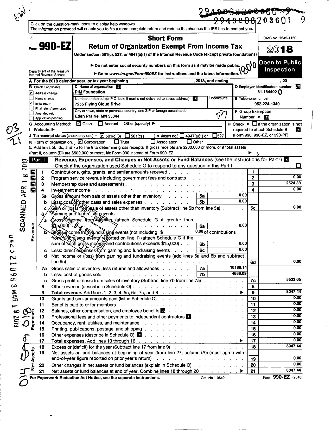 Image of first page of 2017 Form 990EZ for Pim Foundation