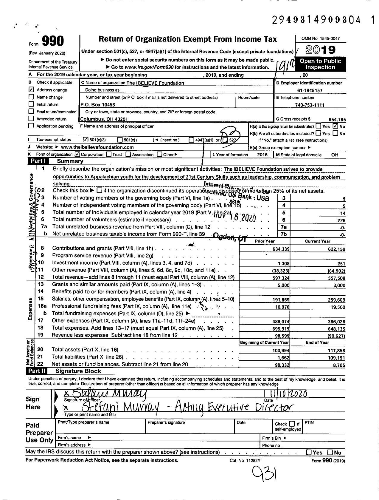 Image of first page of 2019 Form 990 for The Ibelieve Foundation