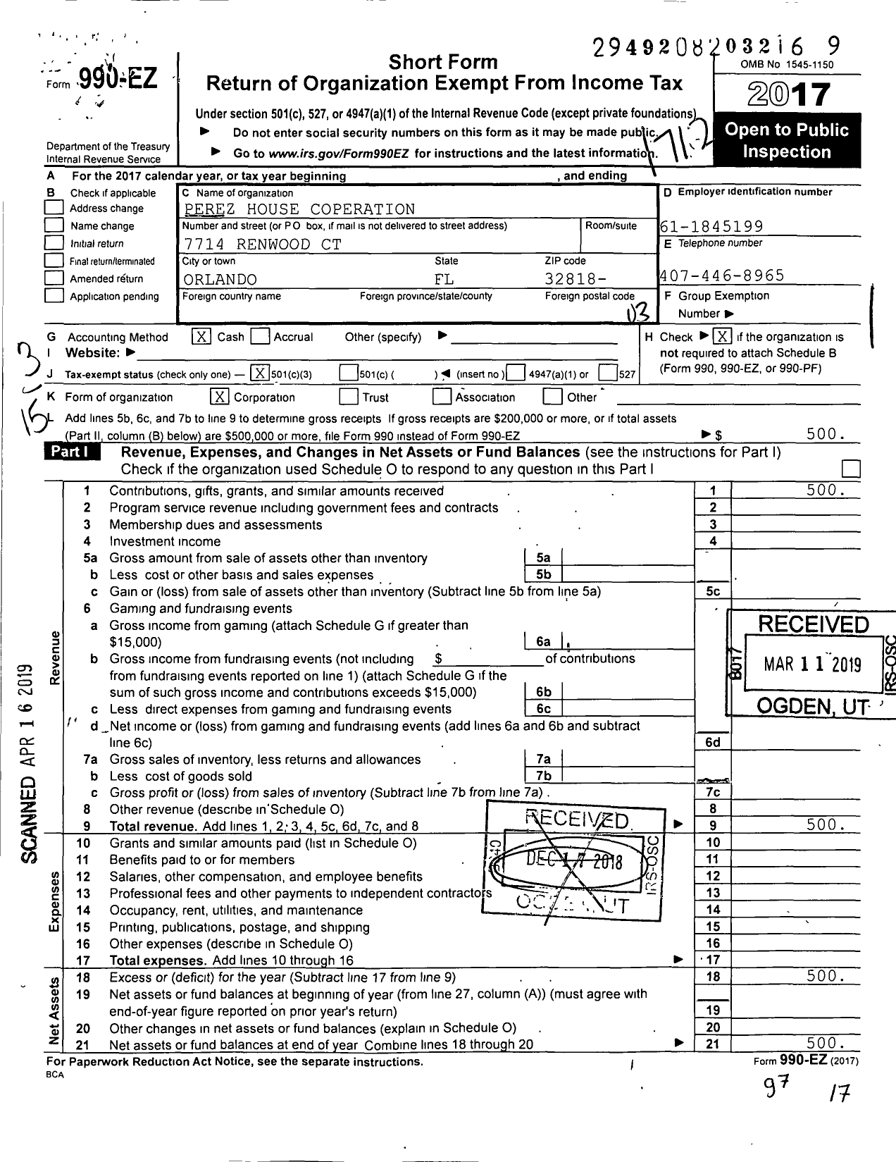 Image of first page of 2017 Form 990EZ for Perez House Corporation