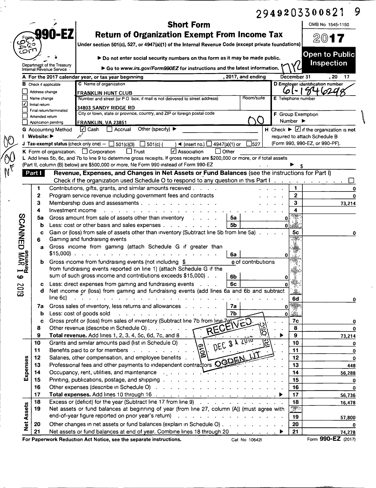 Image of first page of 2017 Form 990EO for Franklin Hunt Club