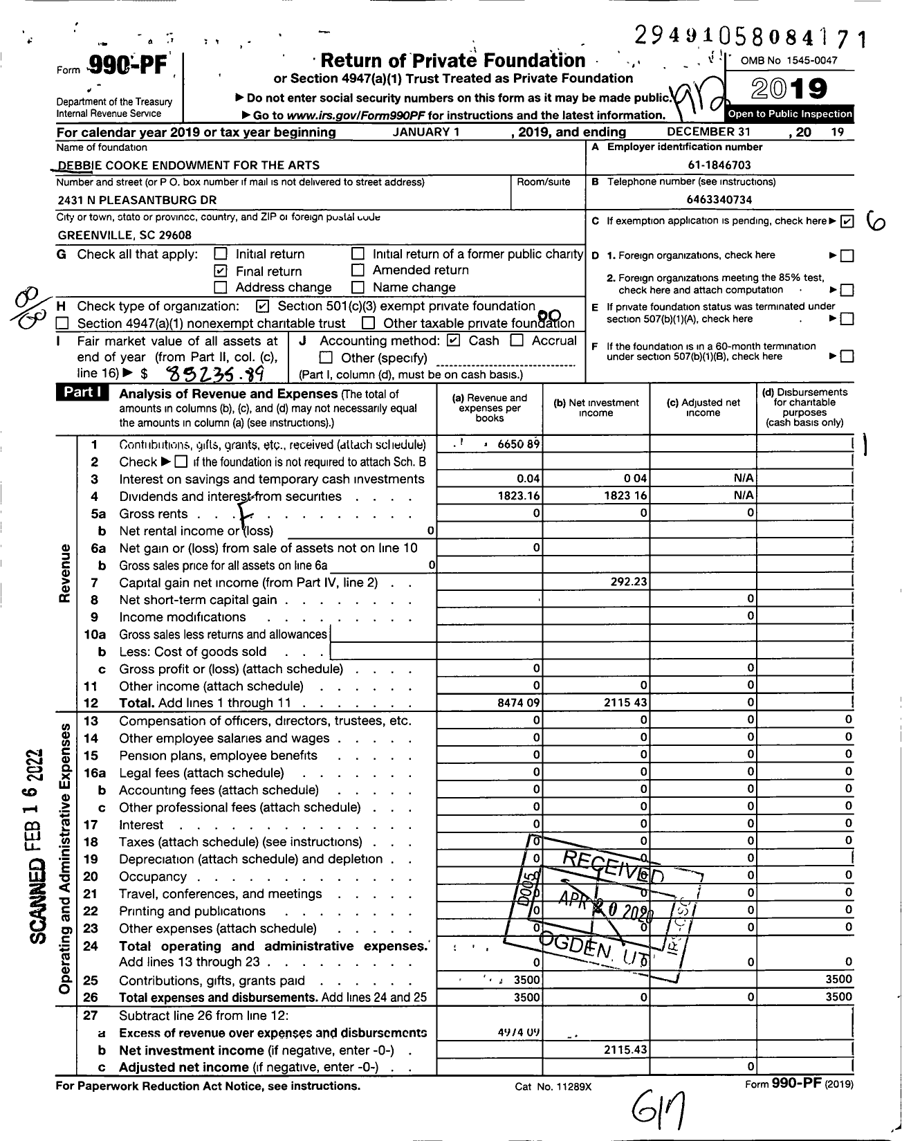 Image of first page of 2019 Form 990PF for Debbie Cooke Endowment