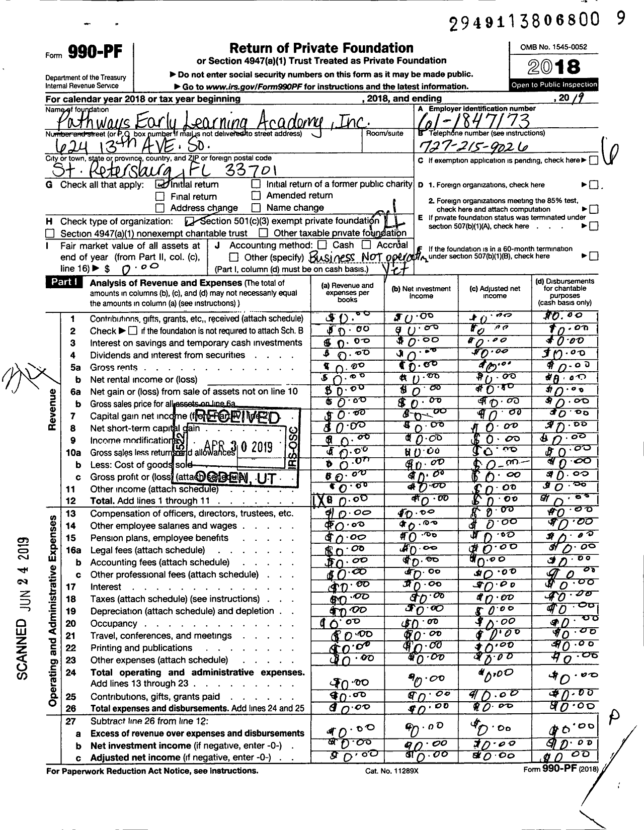 Image of first page of 2018 Form 990PF for Pathways Early Learning Academy