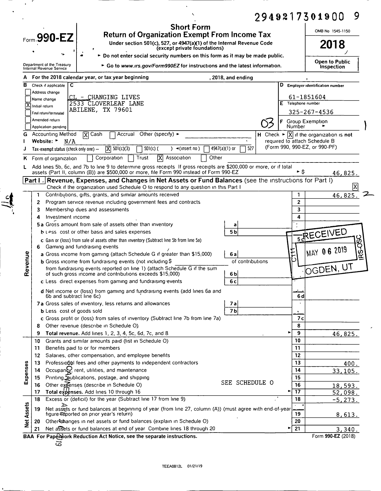 Image of first page of 2018 Form 990EZ for CL - Changing Lives