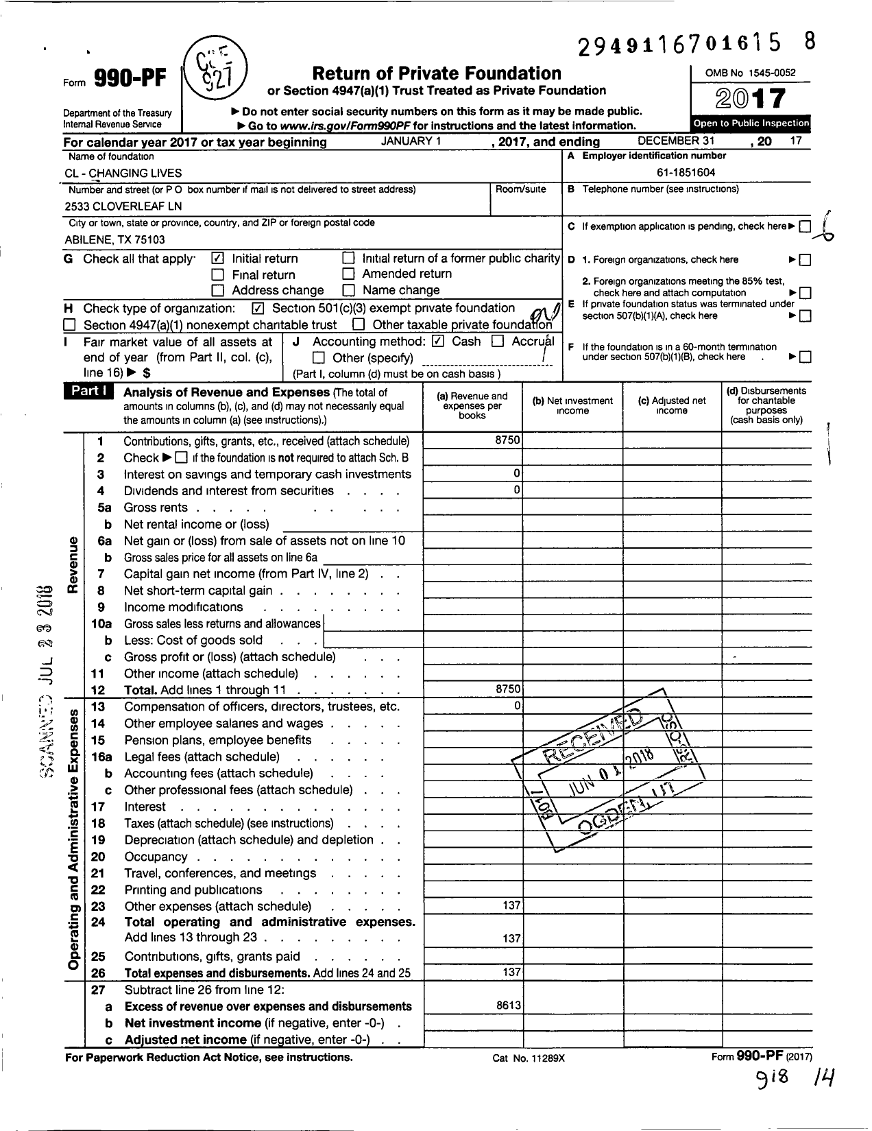 Image of first page of 2017 Form 990PF for CL - Changing Lives