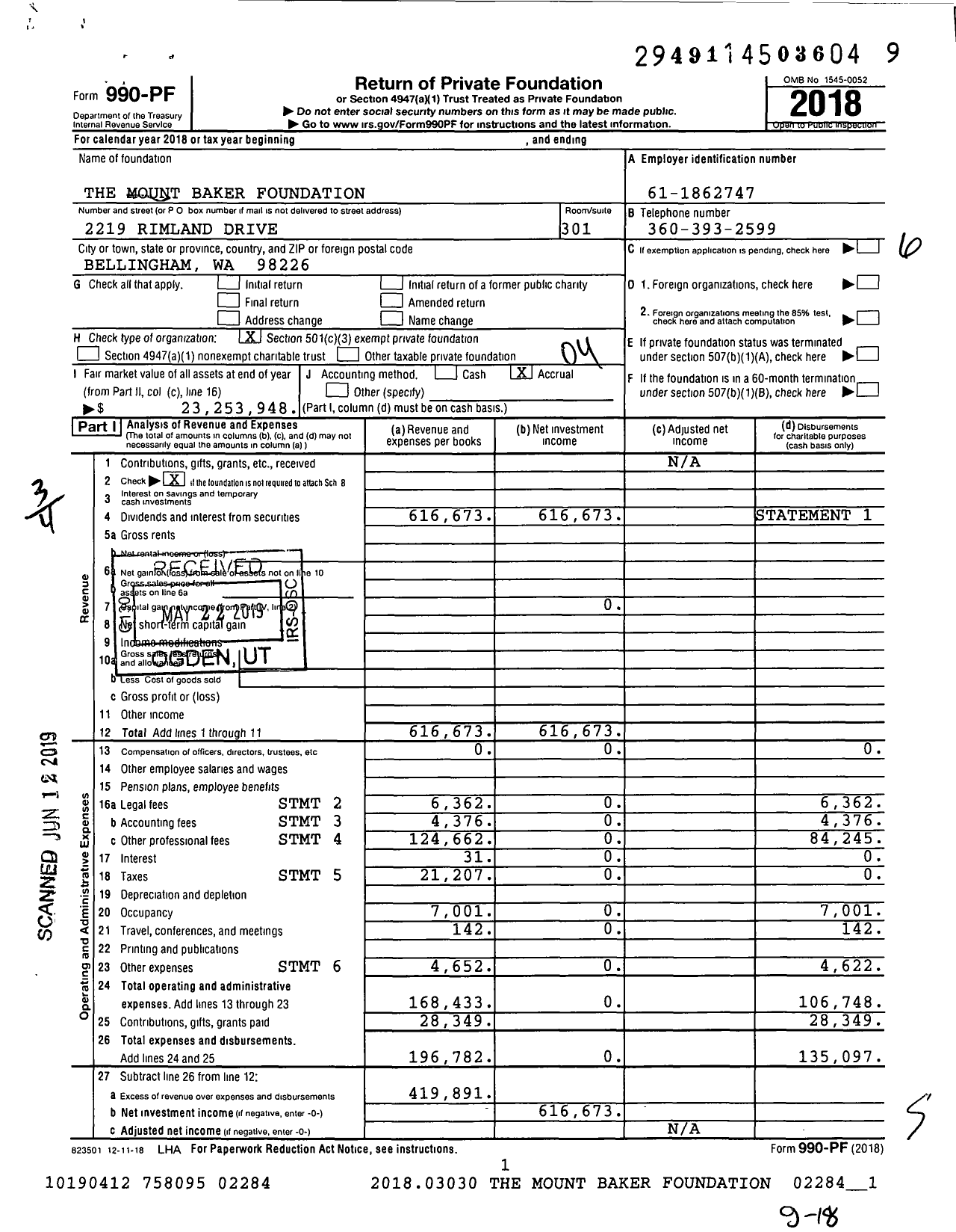 Image of first page of 2018 Form 990PF for Mount Baker Foundation