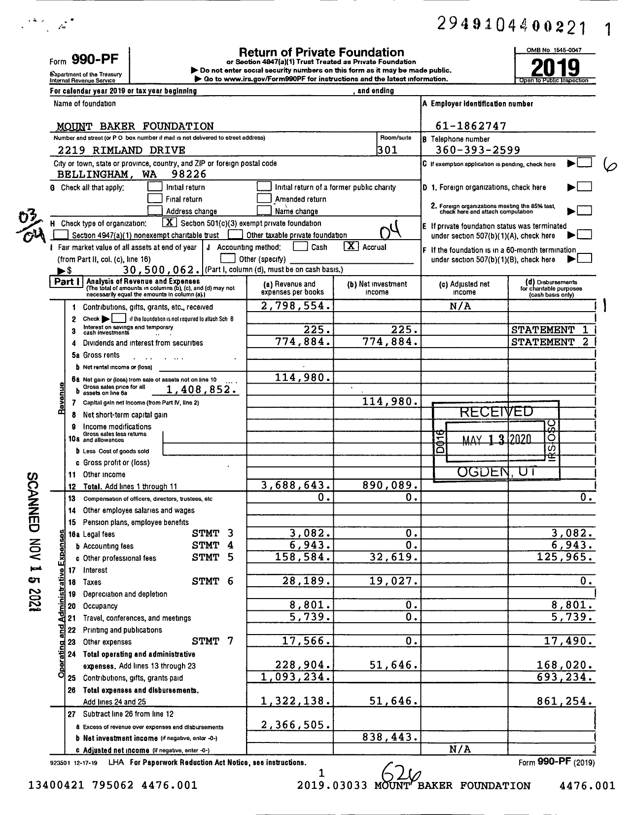 Image of first page of 2019 Form 990PF for Mount Baker Foundation