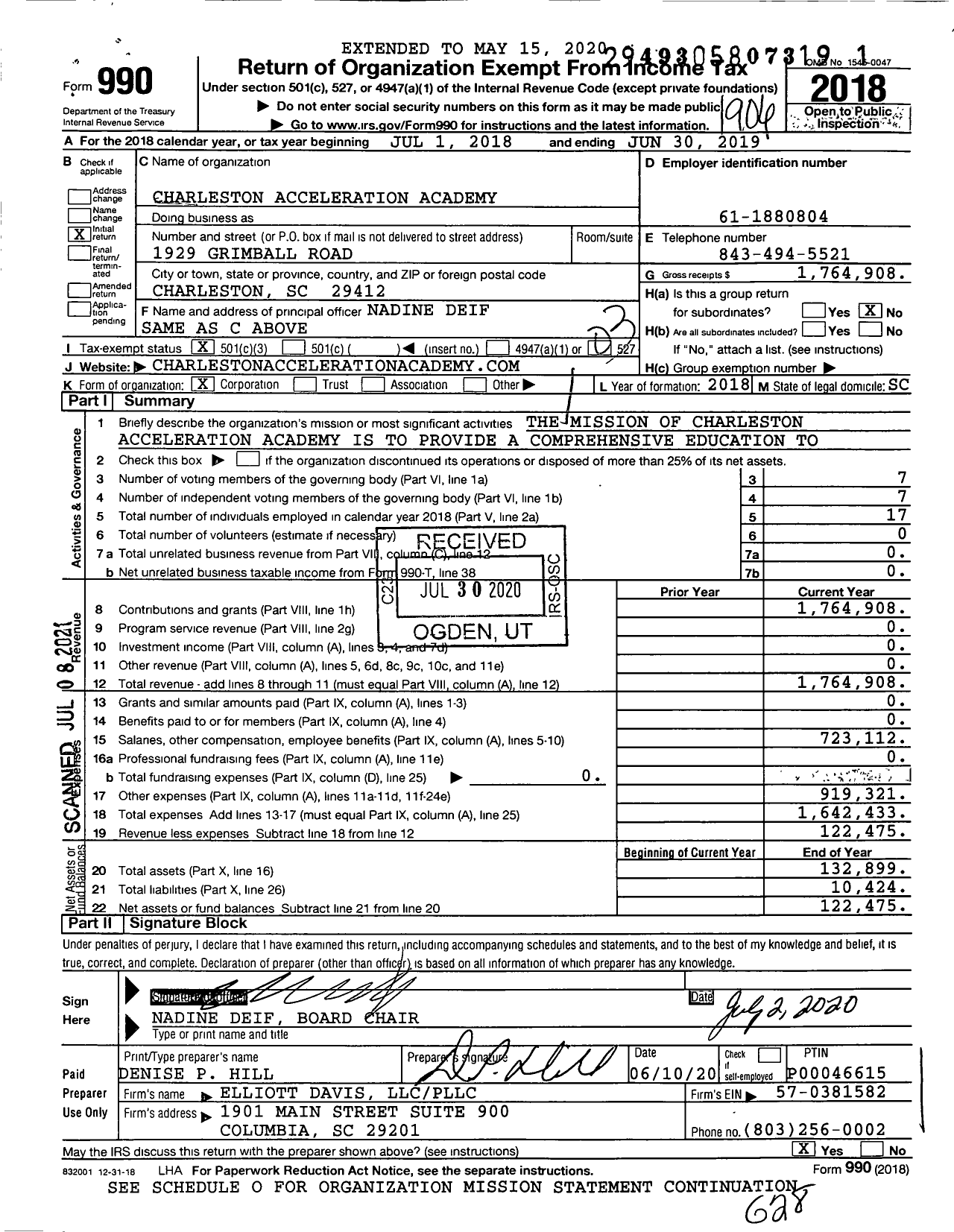 Image of first page of 2018 Form 990 for Charleston Advancement Academy High School