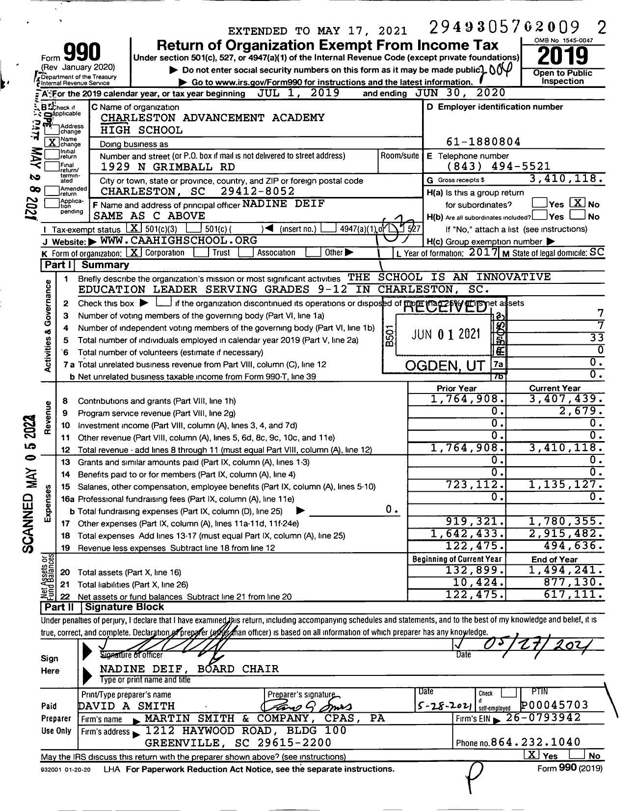 Image of first page of 2019 Form 990 for Charleston Advancement Academy High School