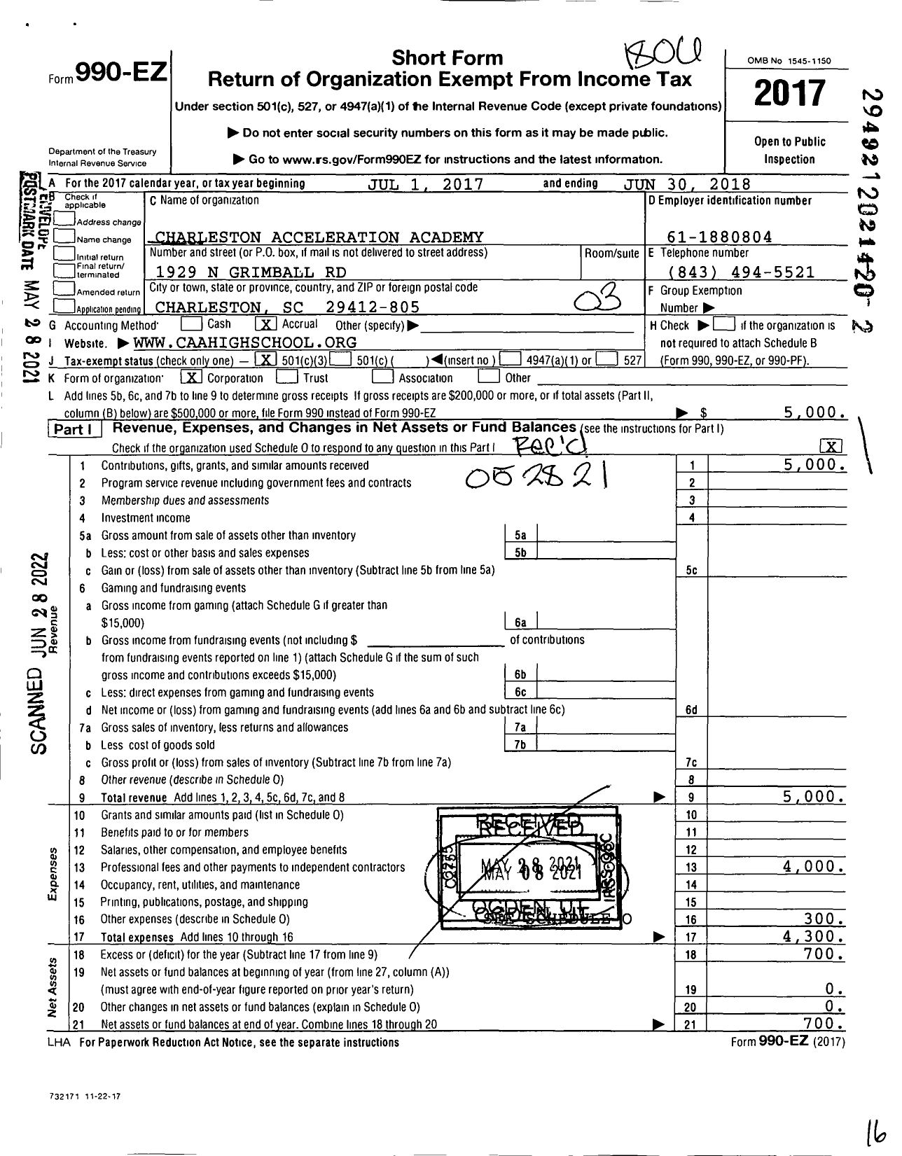 Image of first page of 2017 Form 990EZ for Charleston Advancement Academy High School