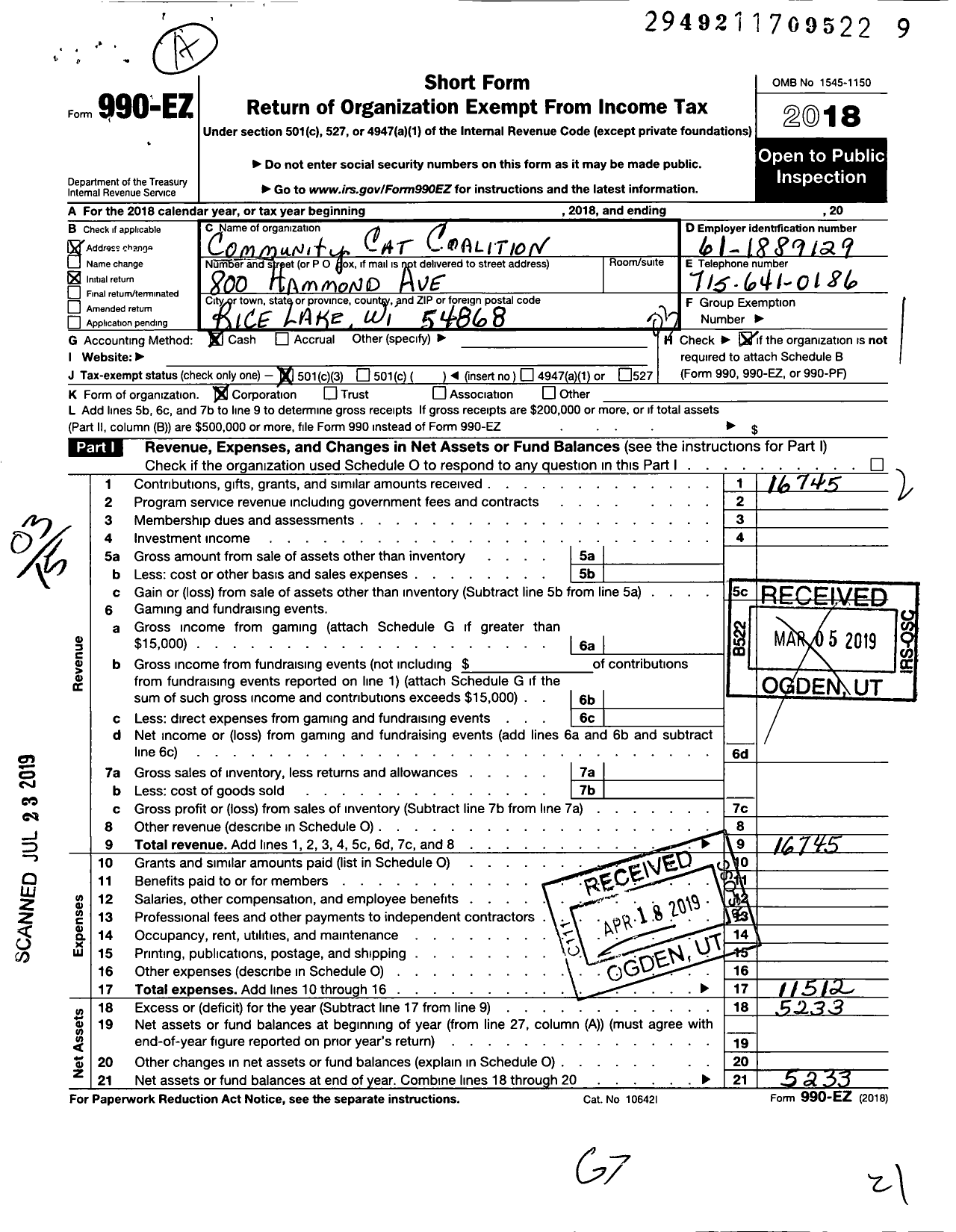 Image of first page of 2018 Form 990EZ for Community Cat Rescue and Adoption Center