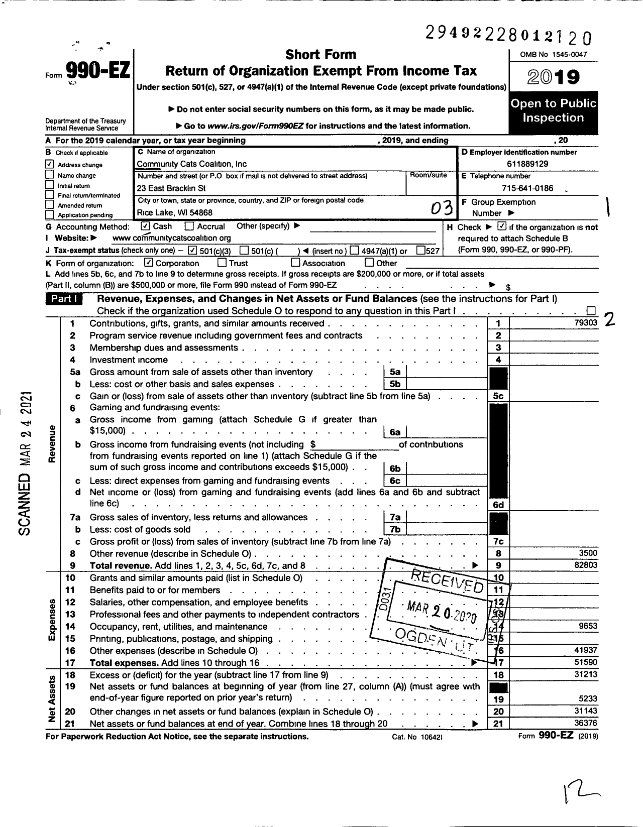 Image of first page of 2019 Form 990EZ for Community Cat Rescue and Adoption Center