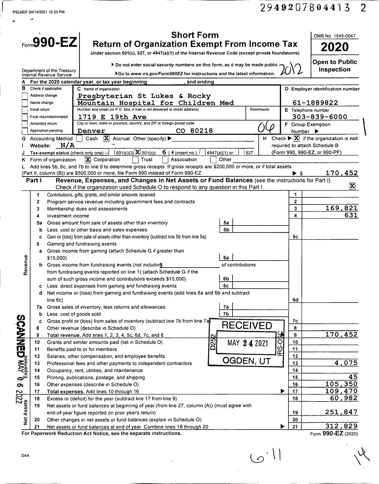 Image of first page of 2020 Form 990EO for Presbyterian St Lukes and Rocky Mountain Hospital for Children Med