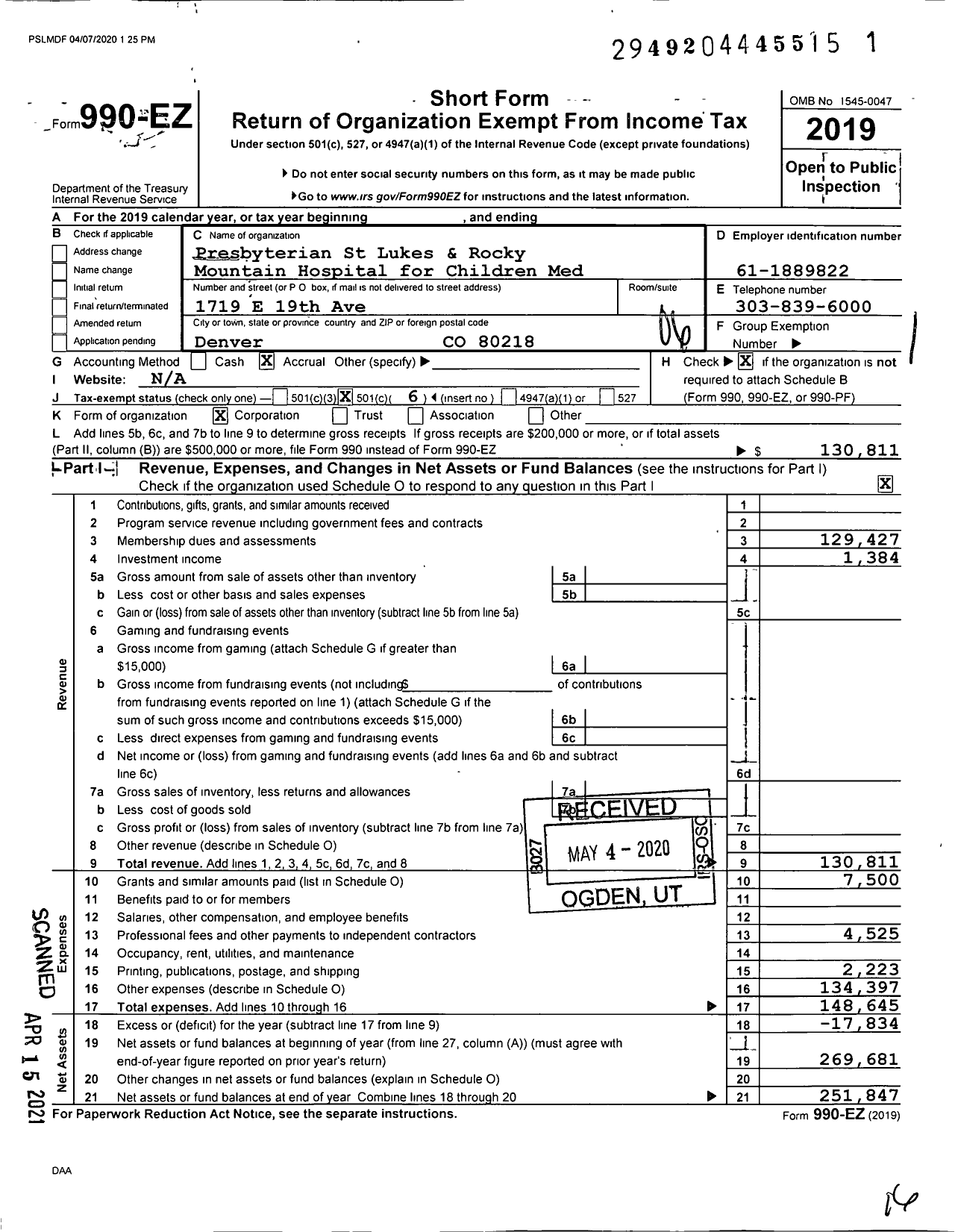 Image of first page of 2019 Form 990EO for Presbyterian St Lukes and Rocky Mountain Hospital for Children Med