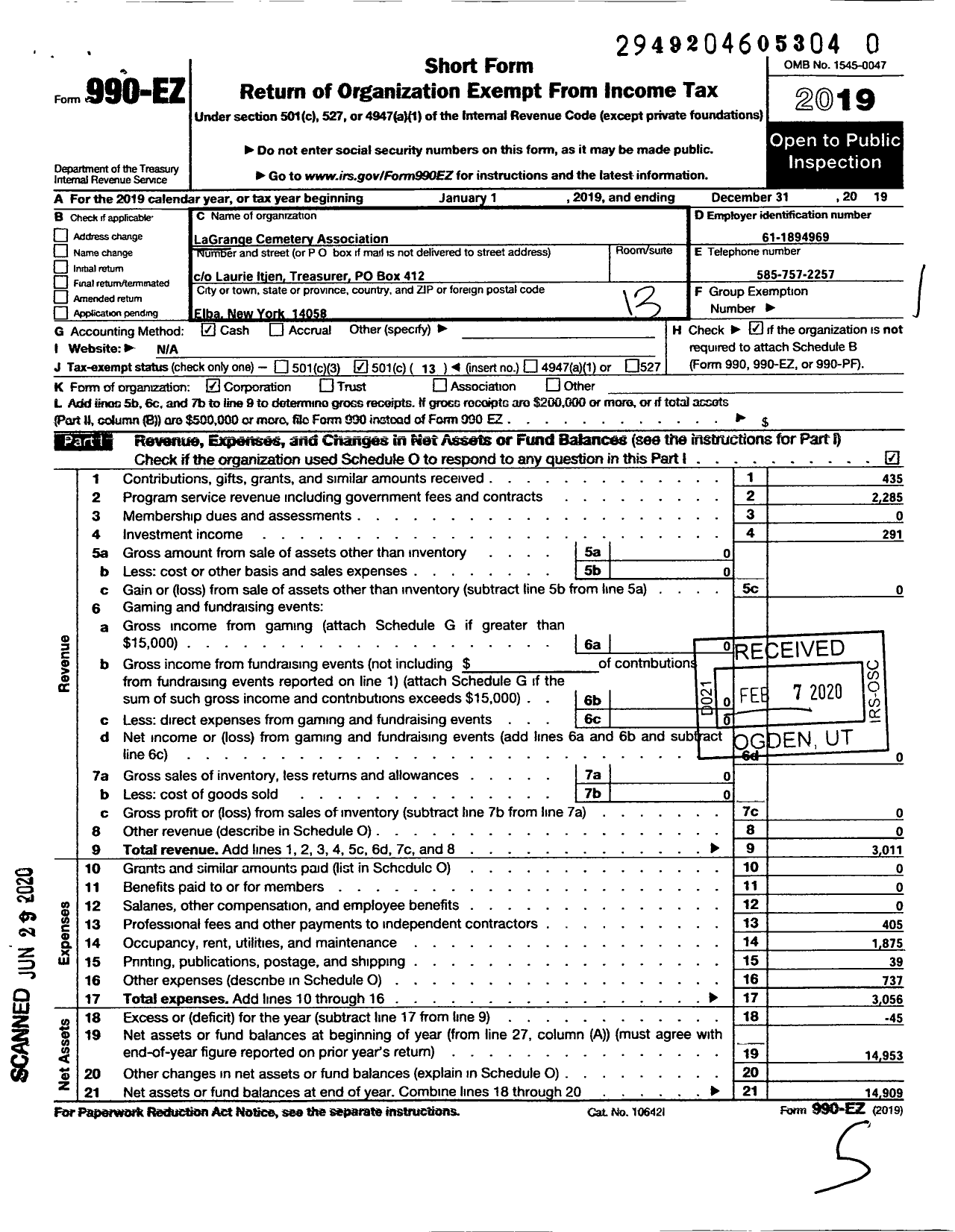 Image of first page of 2019 Form 990EO for Lagrange Cemetery Association