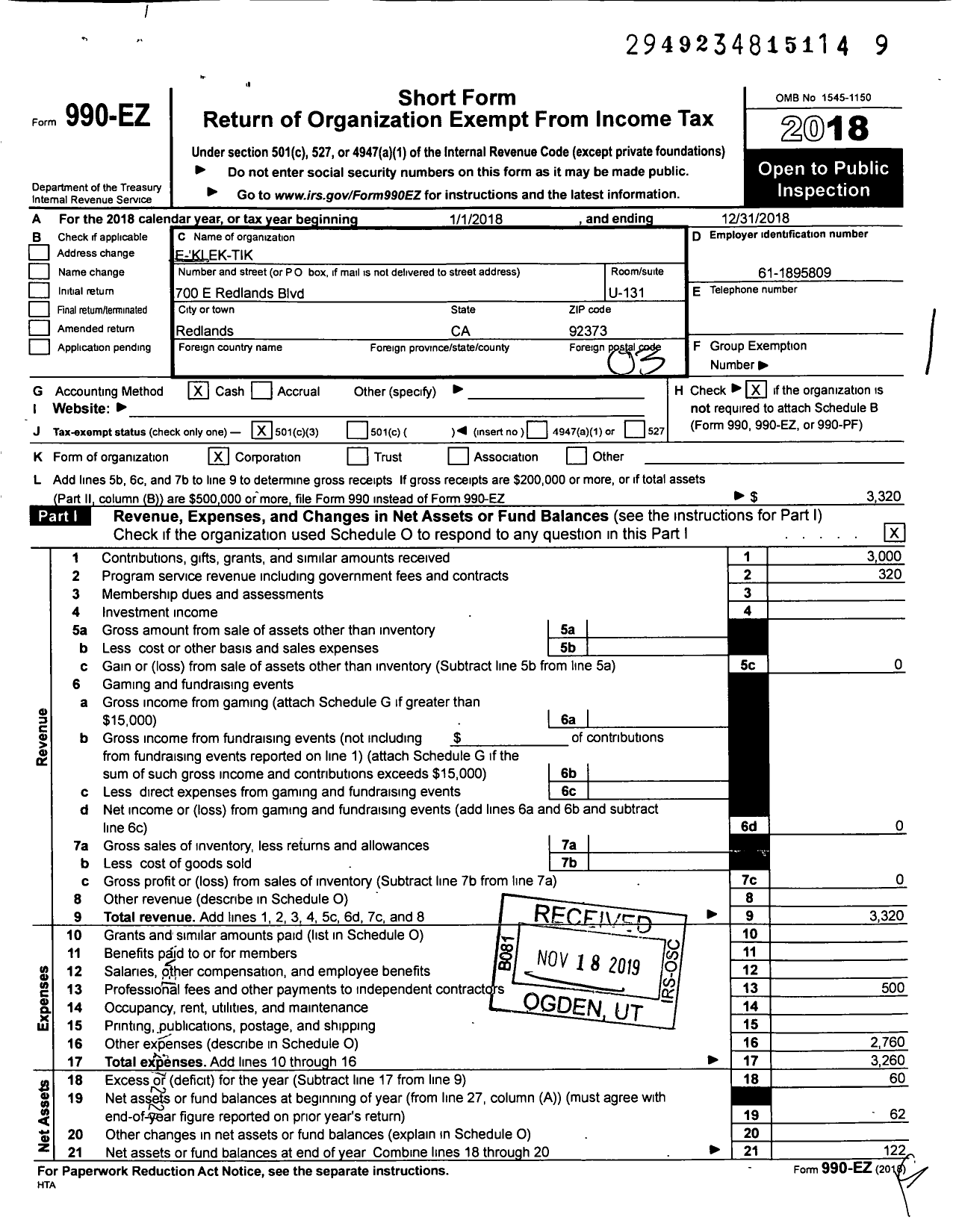 Image of first page of 2018 Form 990EZ for E-Klek-Tik