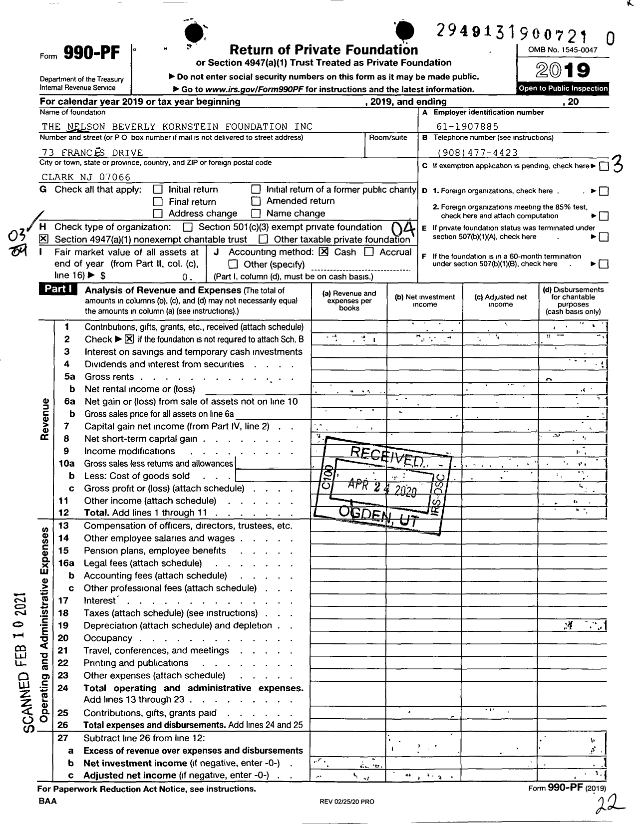 Image of first page of 2019 Form 990PF for The Nelson and Beverly Kornstein Foundation