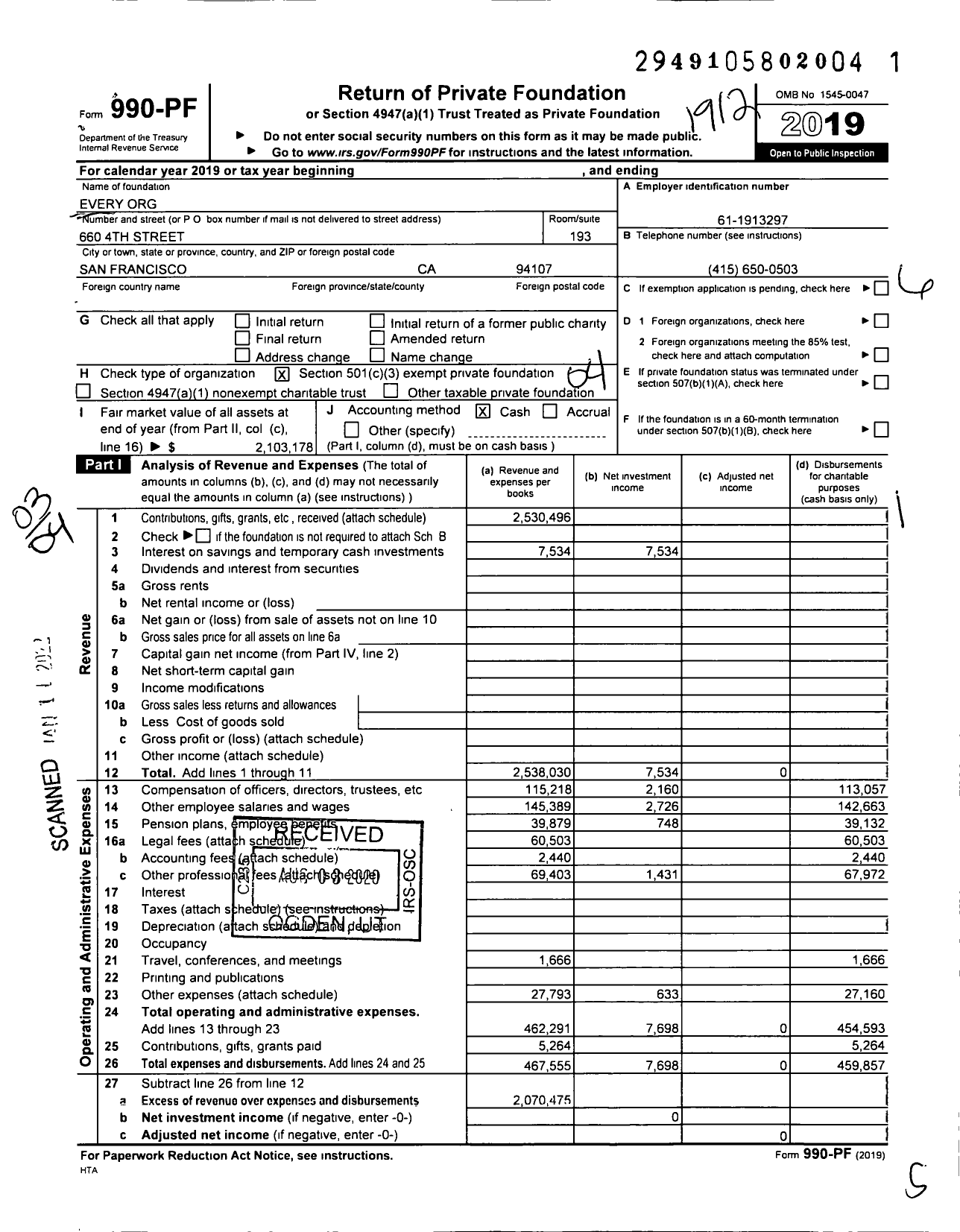 Image of first page of 2019 Form 990PF for Every Org