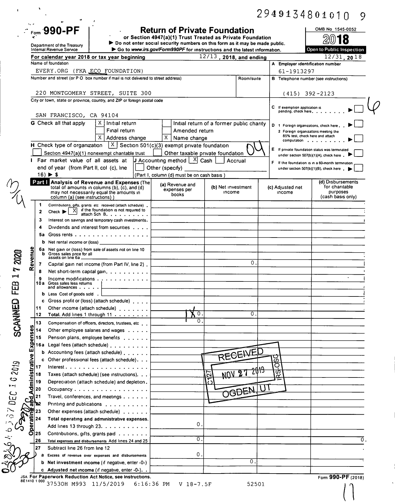 Image of first page of 2018 Form 990PF for Every Org