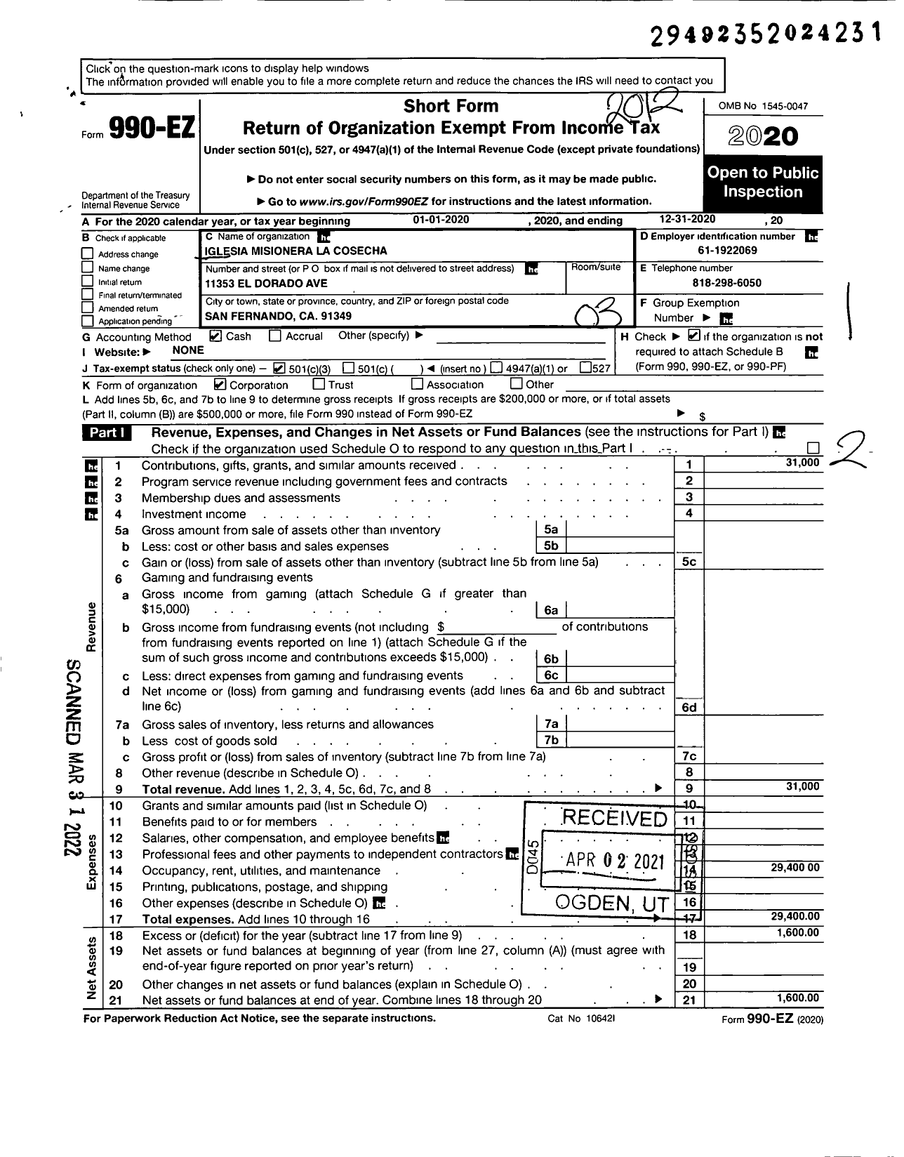 Image of first page of 2020 Form 990EZ for Iglesia Misionera La Cosecha