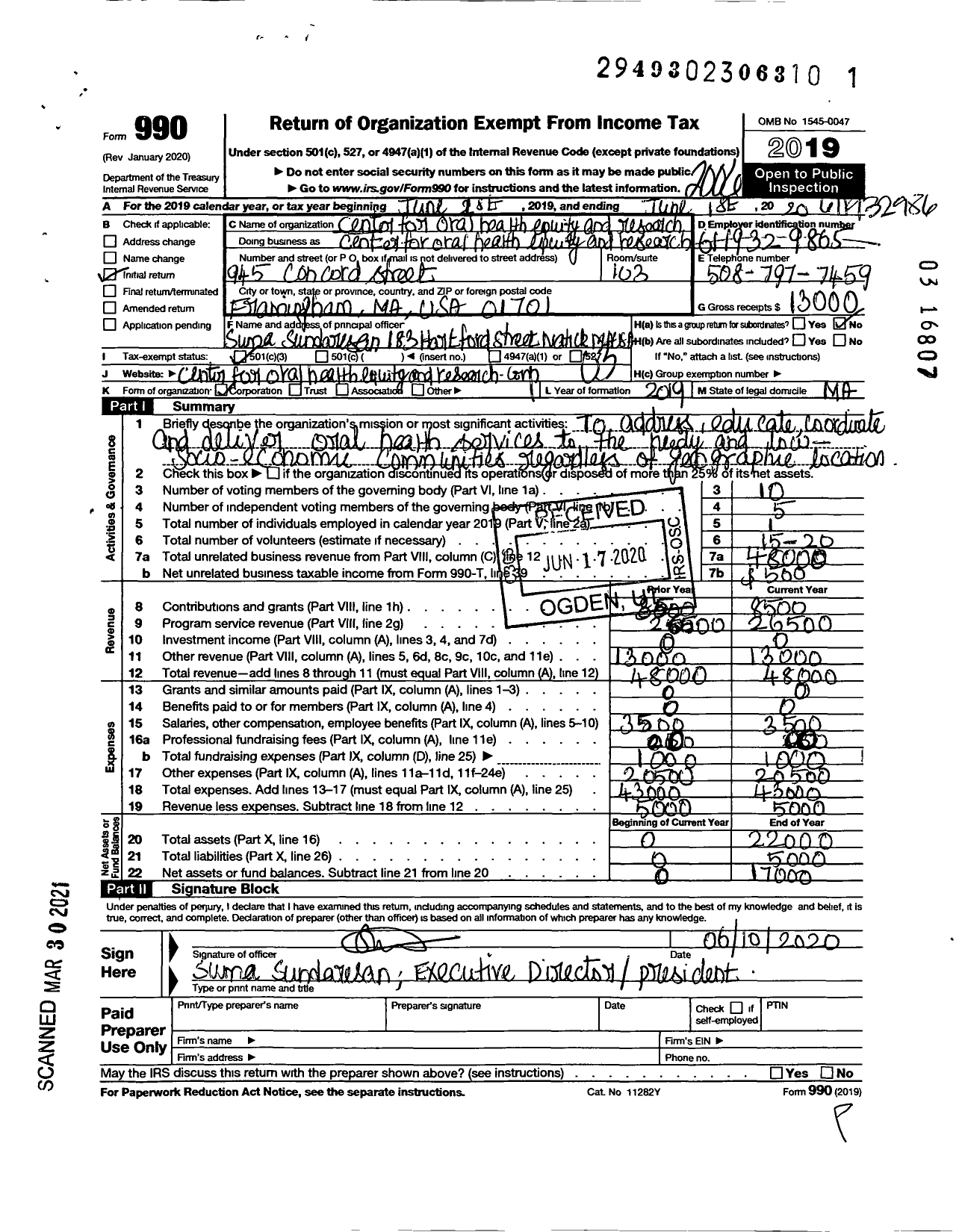 Image of first page of 2019 Form 990 for Center for Oral Health Equity and Research