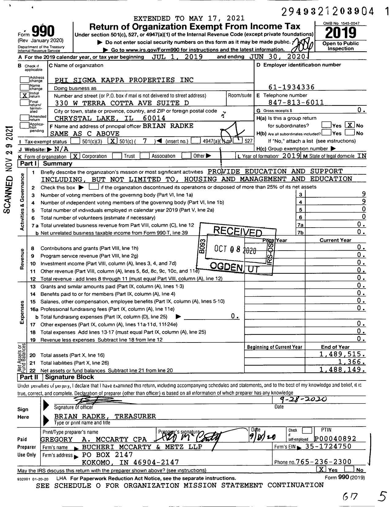 Image of first page of 2019 Form 990O for Phi Sigma Kappa Properties