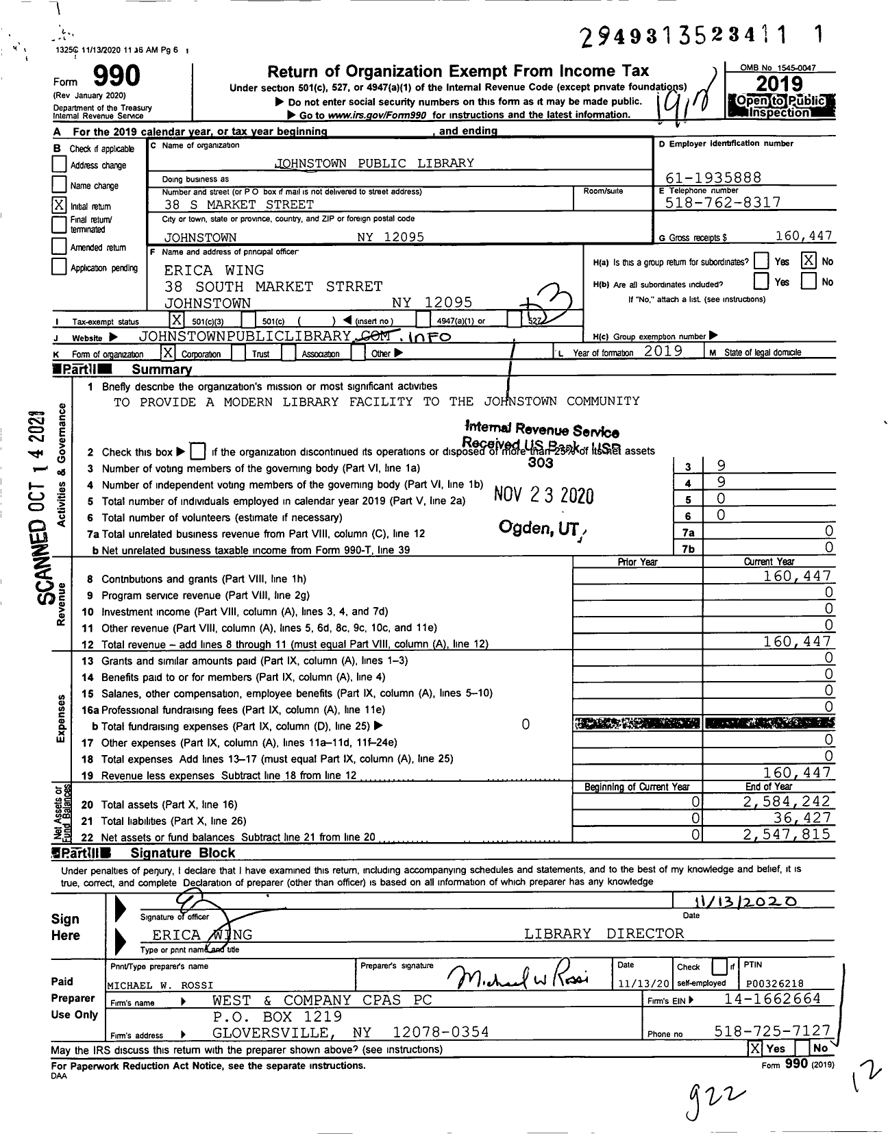 Image of first page of 2019 Form 990 for Johnstown Public Library