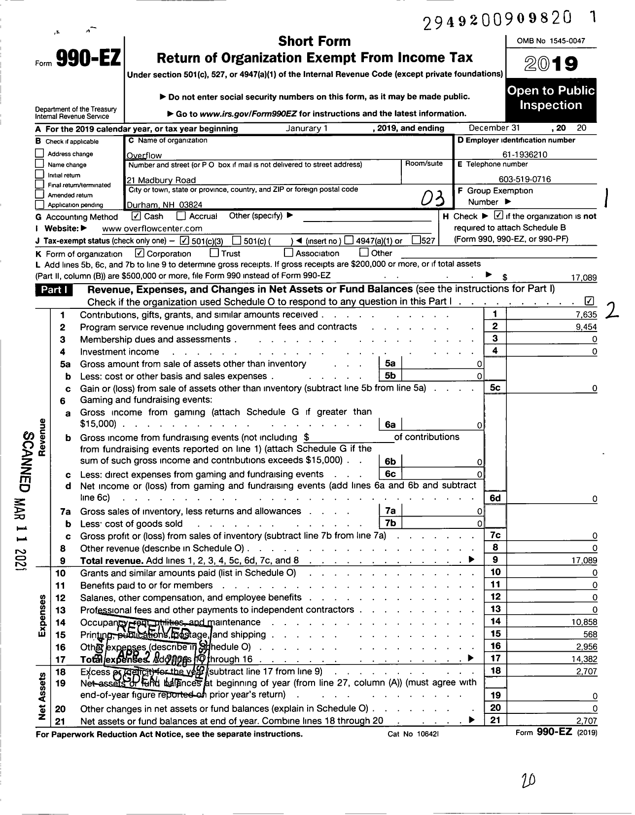 Image of first page of 2020 Form 990EZ for Overflow