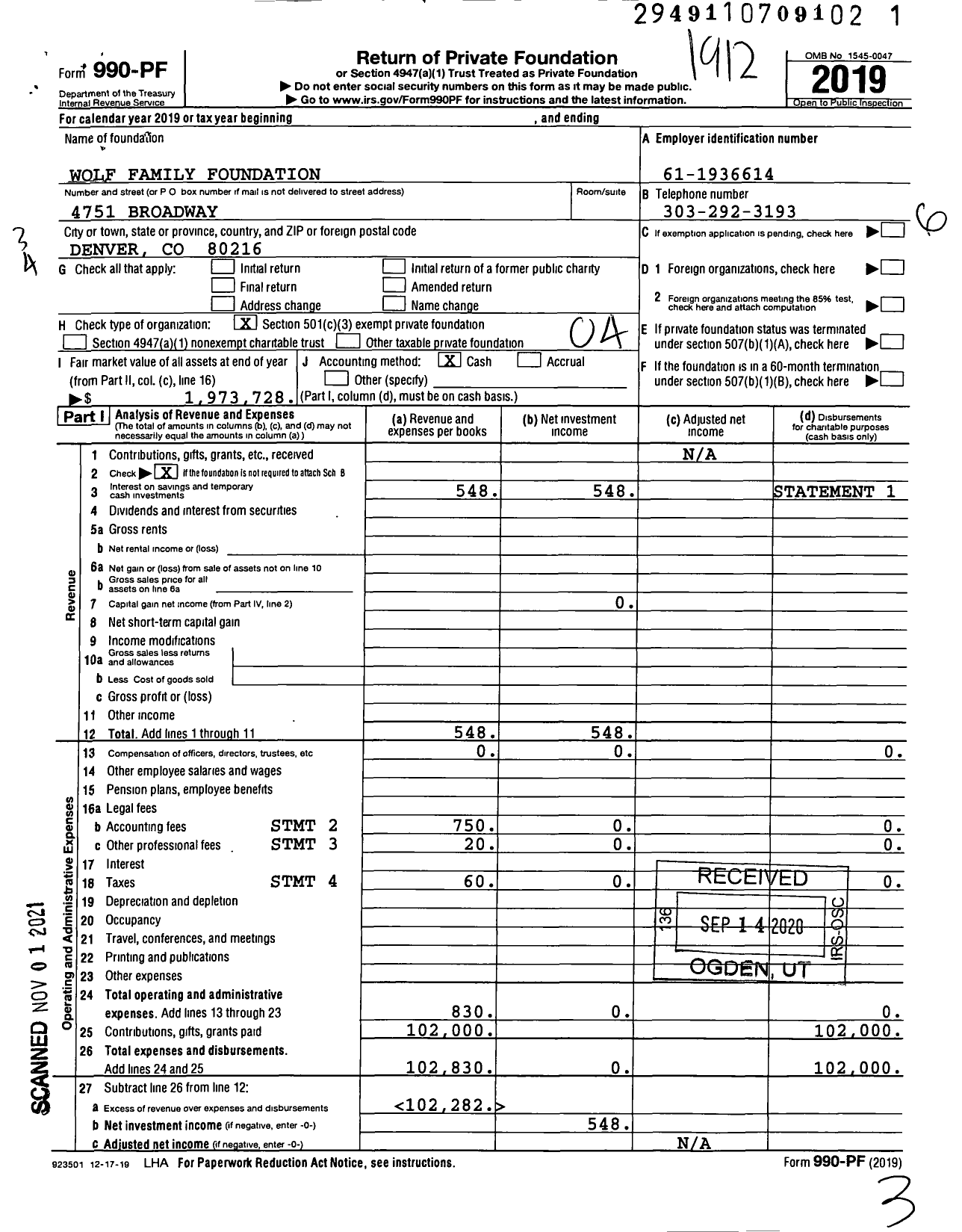 Image of first page of 2019 Form 990PF for Wolf Family Foundation