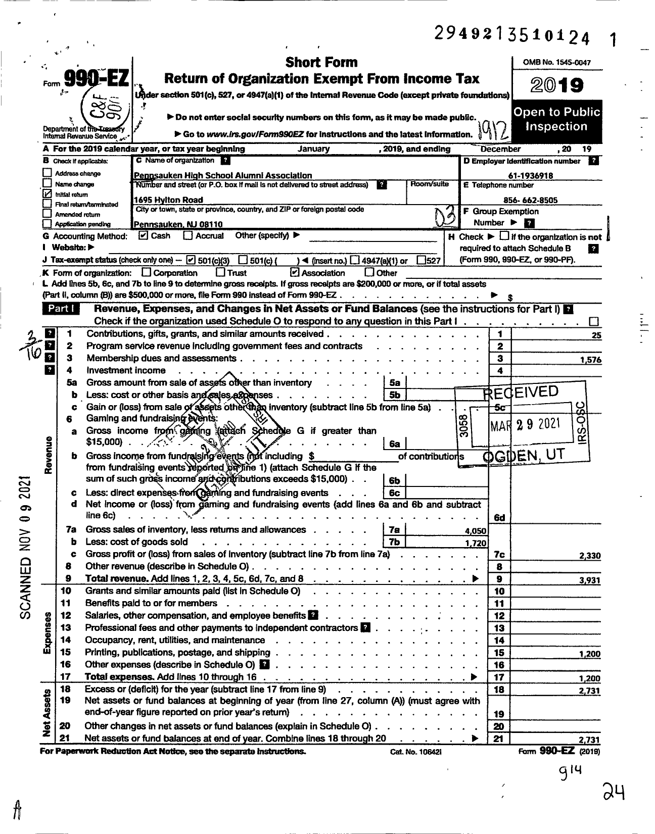 Image of first page of 2019 Form 990EZ for Pennsauken High School Alumni Association