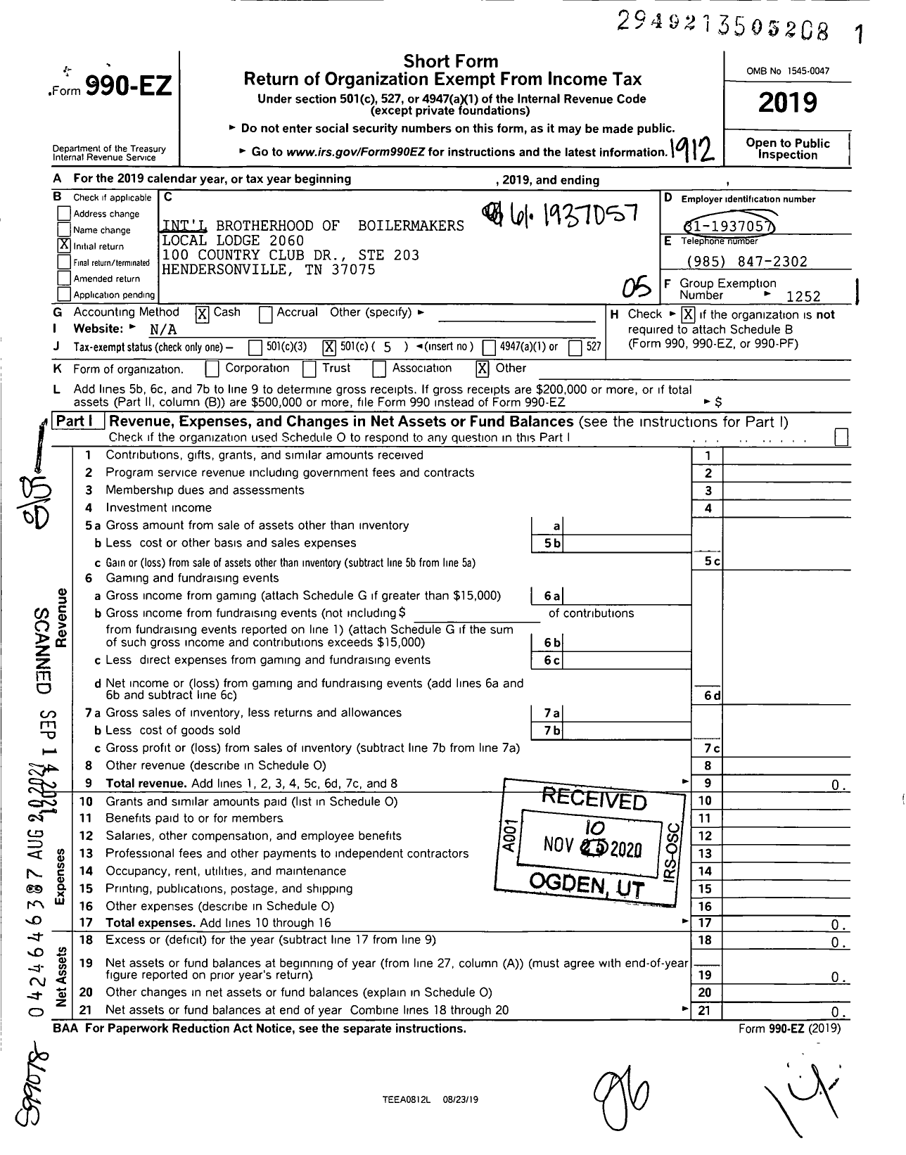 Image of first page of 2019 Form 990EO for International Brotherhood of Boilermakers - 2060 Lodge