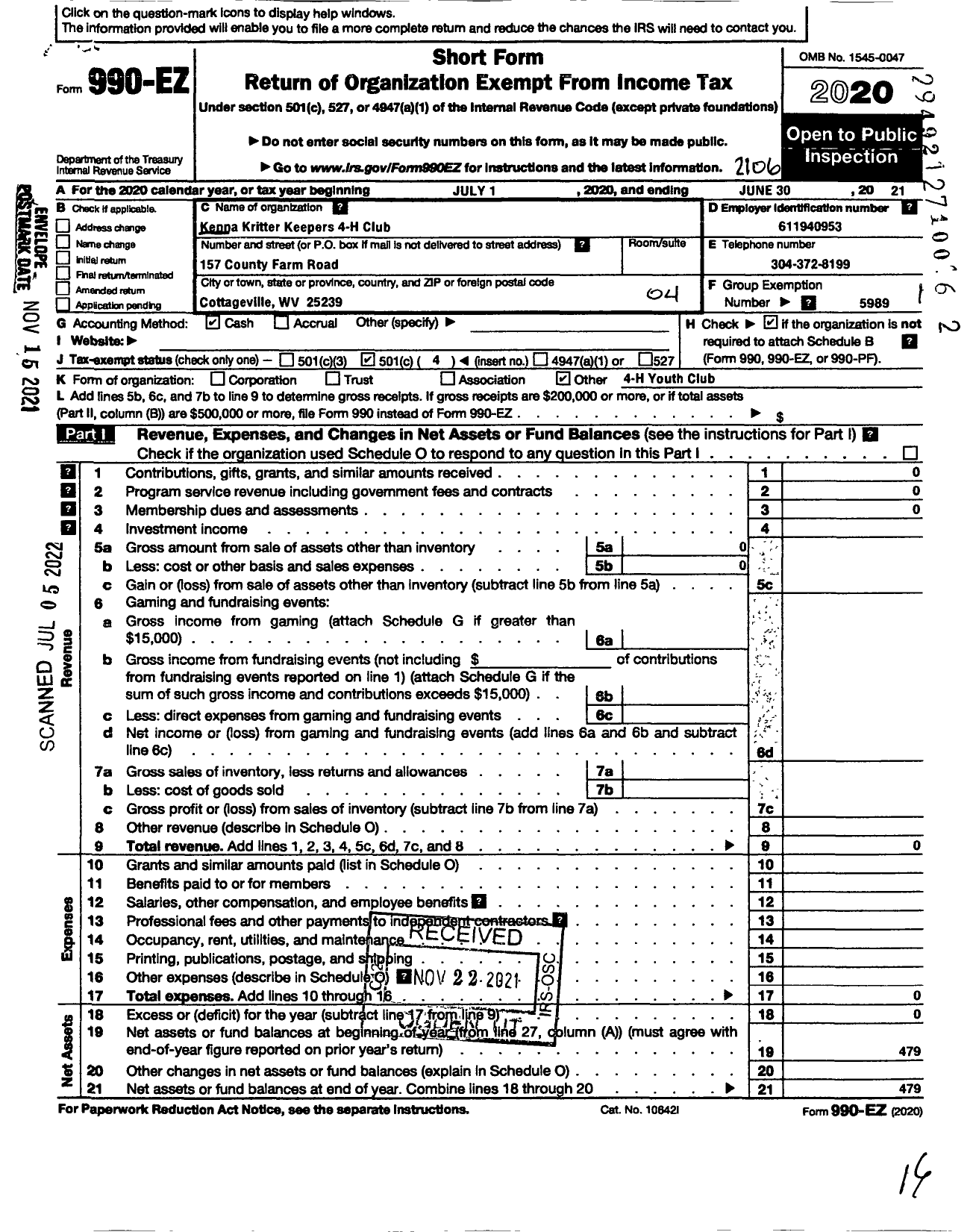 Image of first page of 2020 Form 990EO for State of West Virginia / Kenna Kritter Keepers 4-H Club