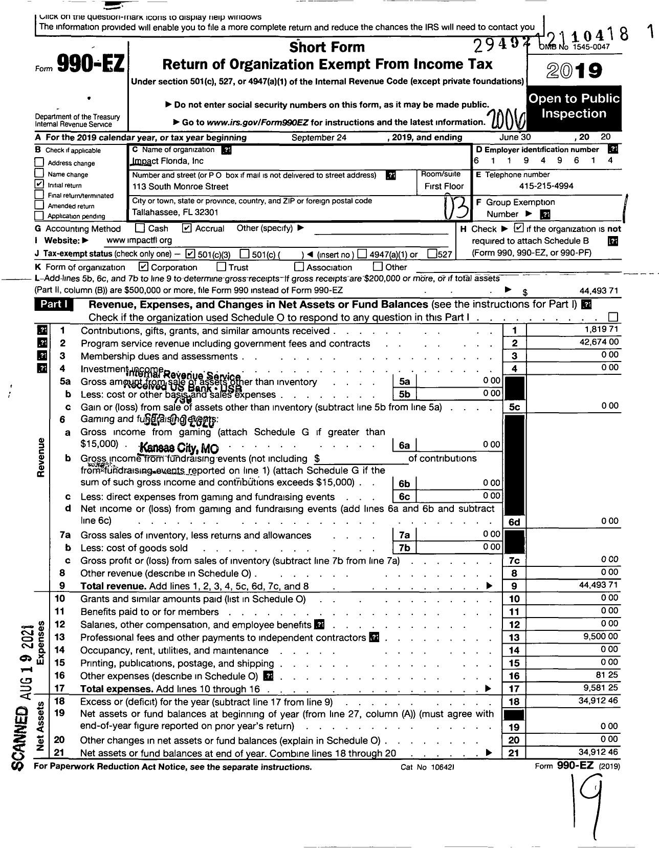 Image of first page of 2019 Form 990EZ for Impact Florida