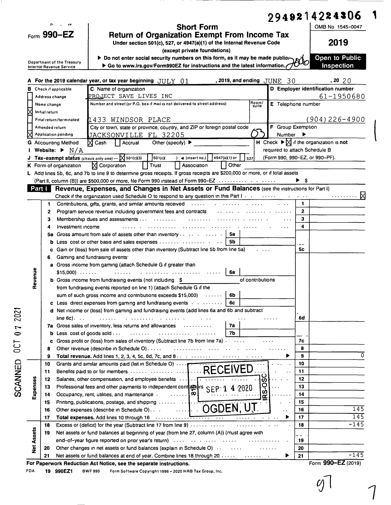 Image of first page of 2019 Form 990EZ for Project Save Lives