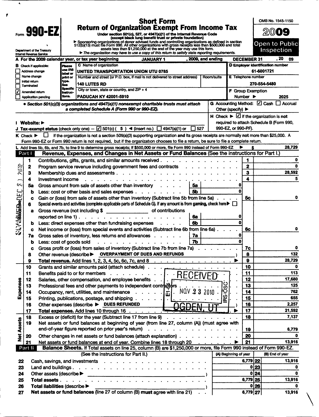 Image of first page of 2009 Form 990EO for Smart Union - 785 TD