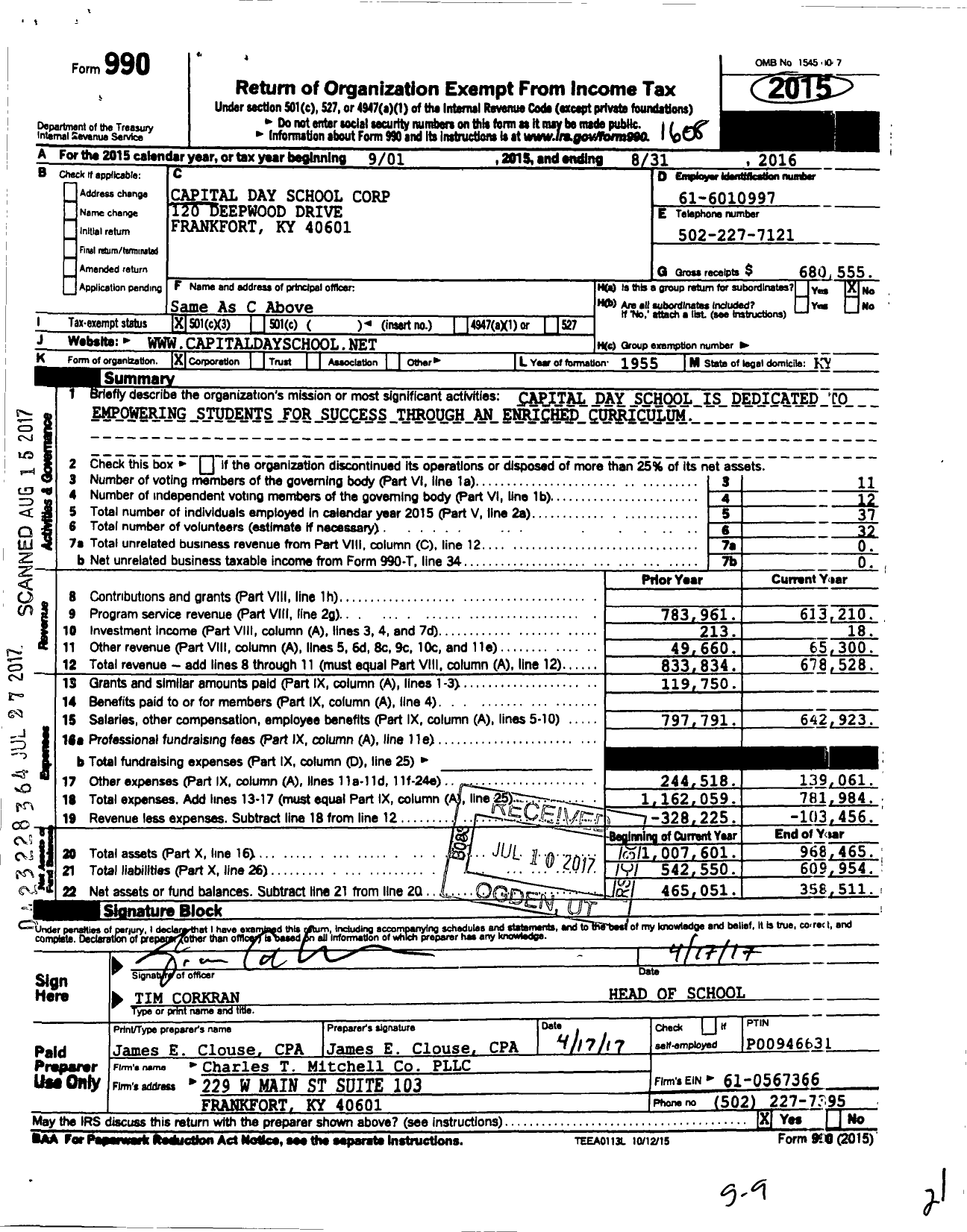 Image of first page of 2015 Form 990 for Capital Day School Corporation