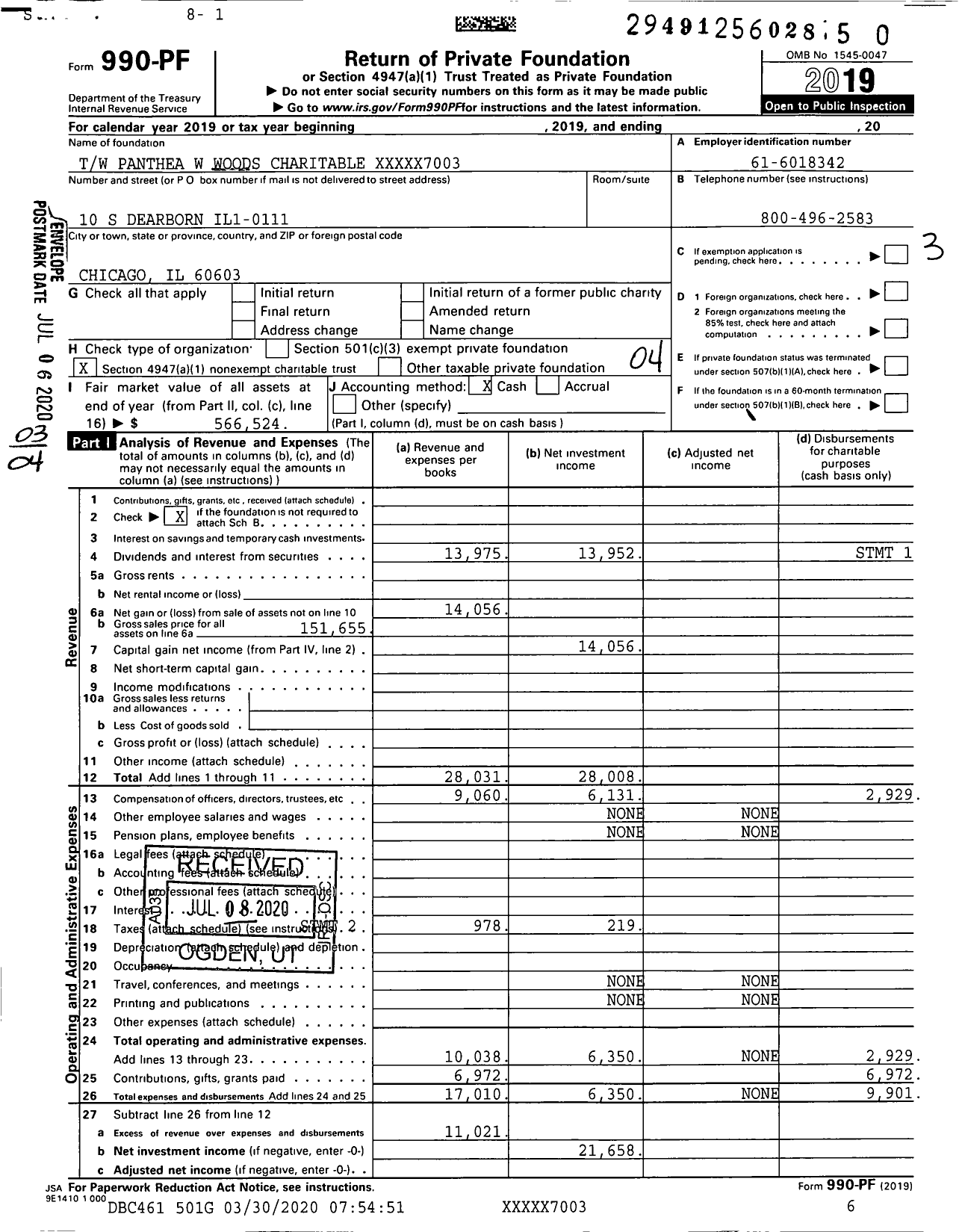 Image of first page of 2019 Form 990PR for TW Panthea W Woods Charitable XXXXX7003