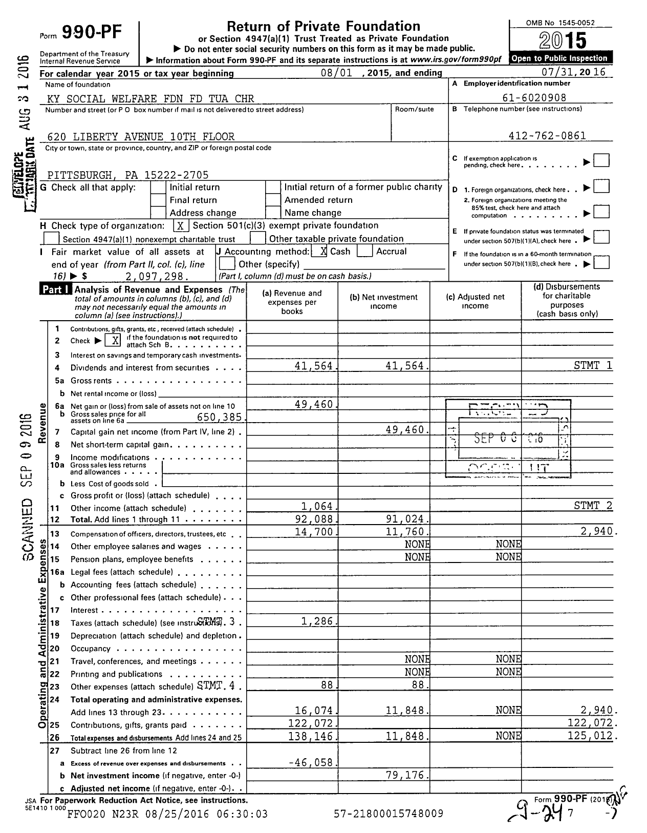 Image of first page of 2015 Form 990PF for Ky Social Welfare Foundation FD Tua CHR