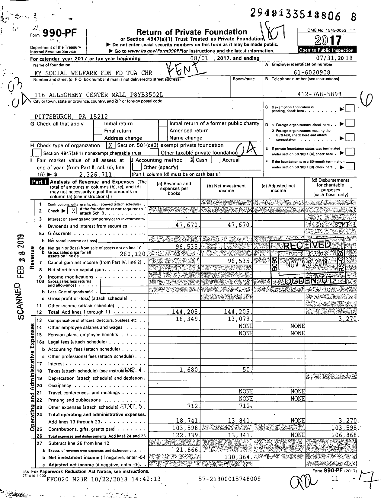 Image of first page of 2017 Form 990PF for Ky Social Welfare Foundation FD Tua CHR