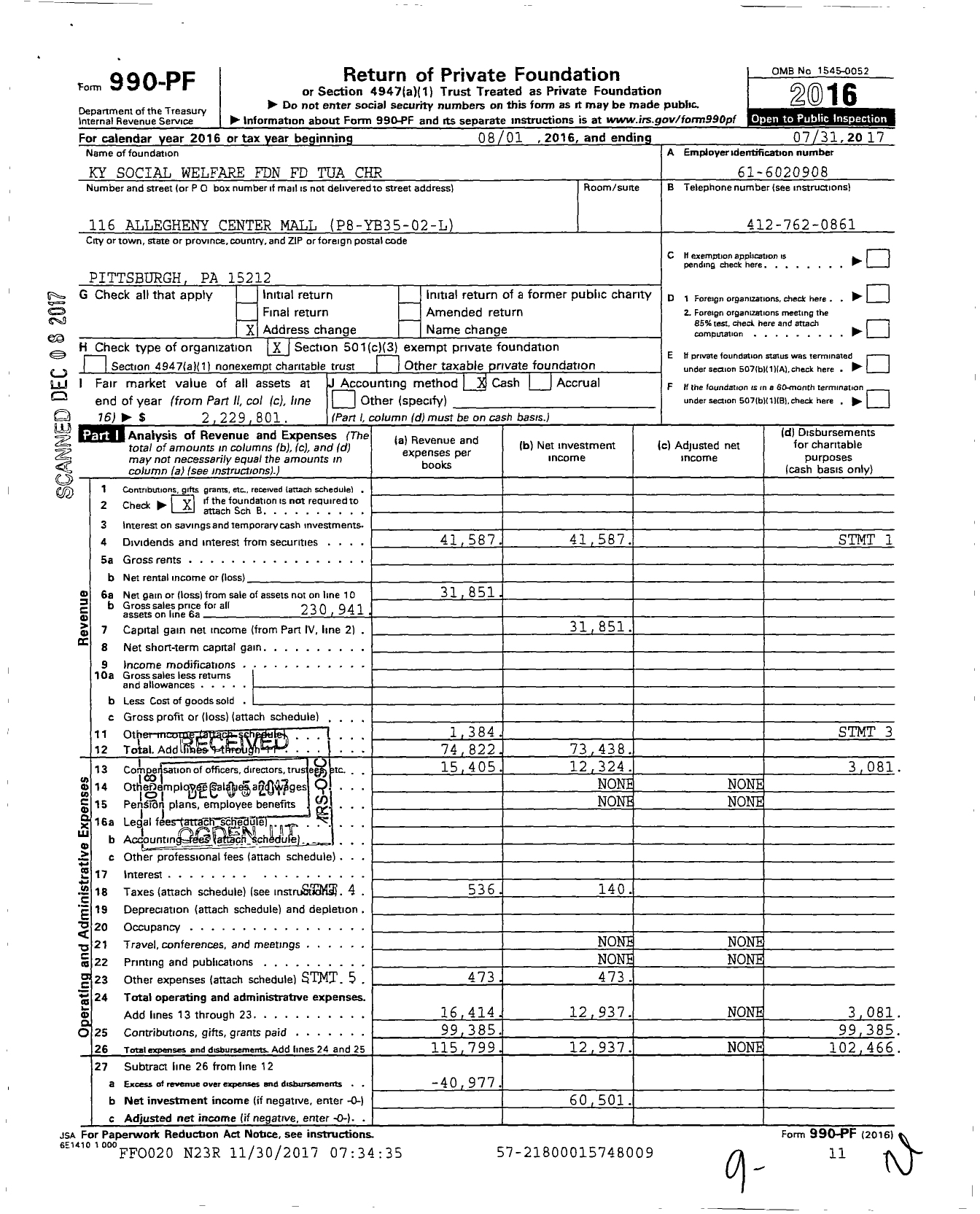 Image of first page of 2016 Form 990PF for Ky Social Welfare Foundation FD Tua CHR