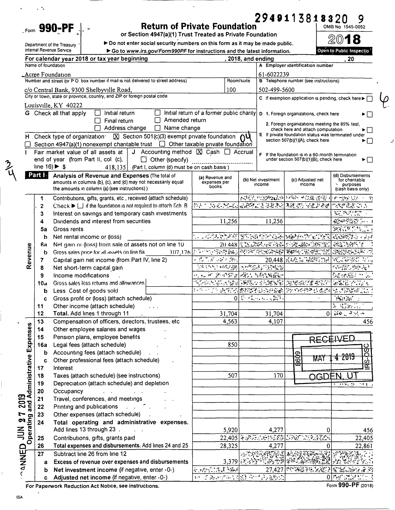 Image of first page of 2018 Form 990PF for Acree Foundation