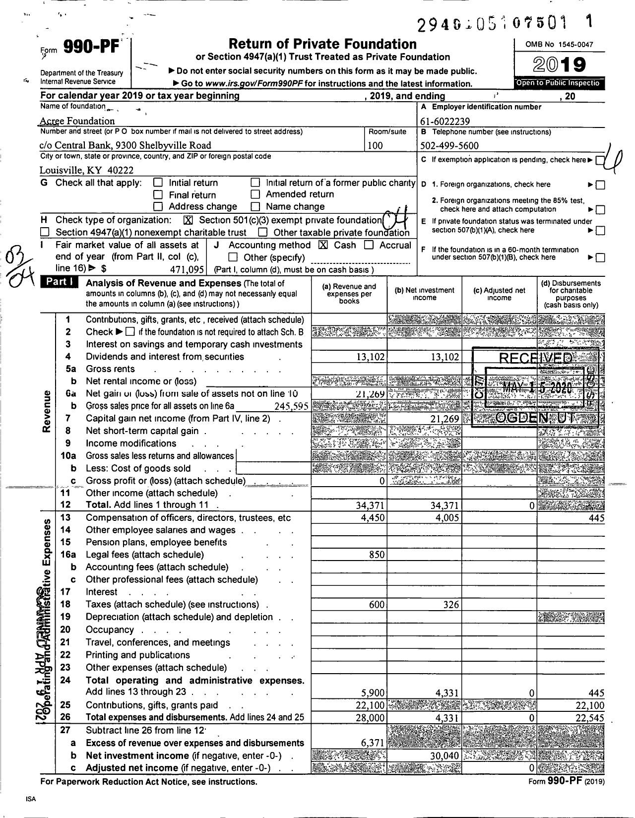 Image of first page of 2019 Form 990PF for Acree Foundation