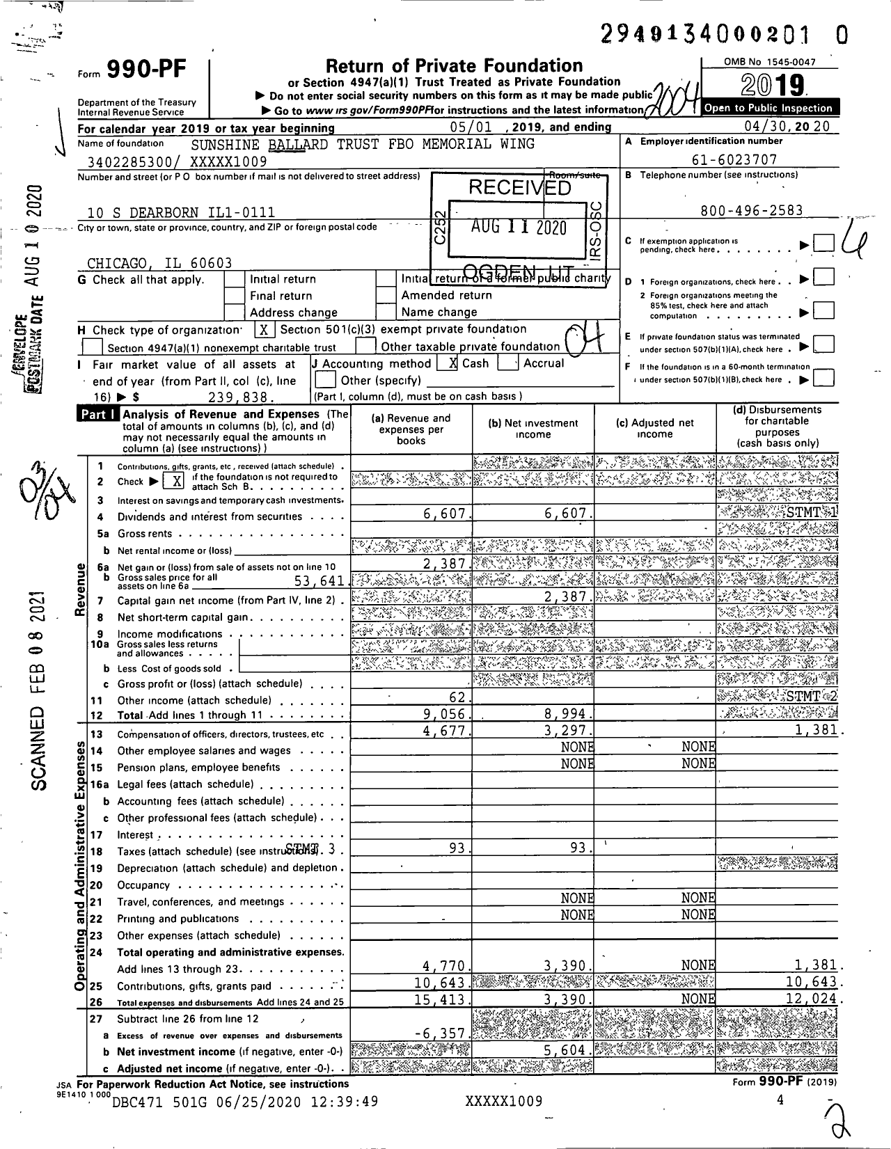Image of first page of 2019 Form 990PF for Sunshine Ballard Trust Fbo Memorial Wing