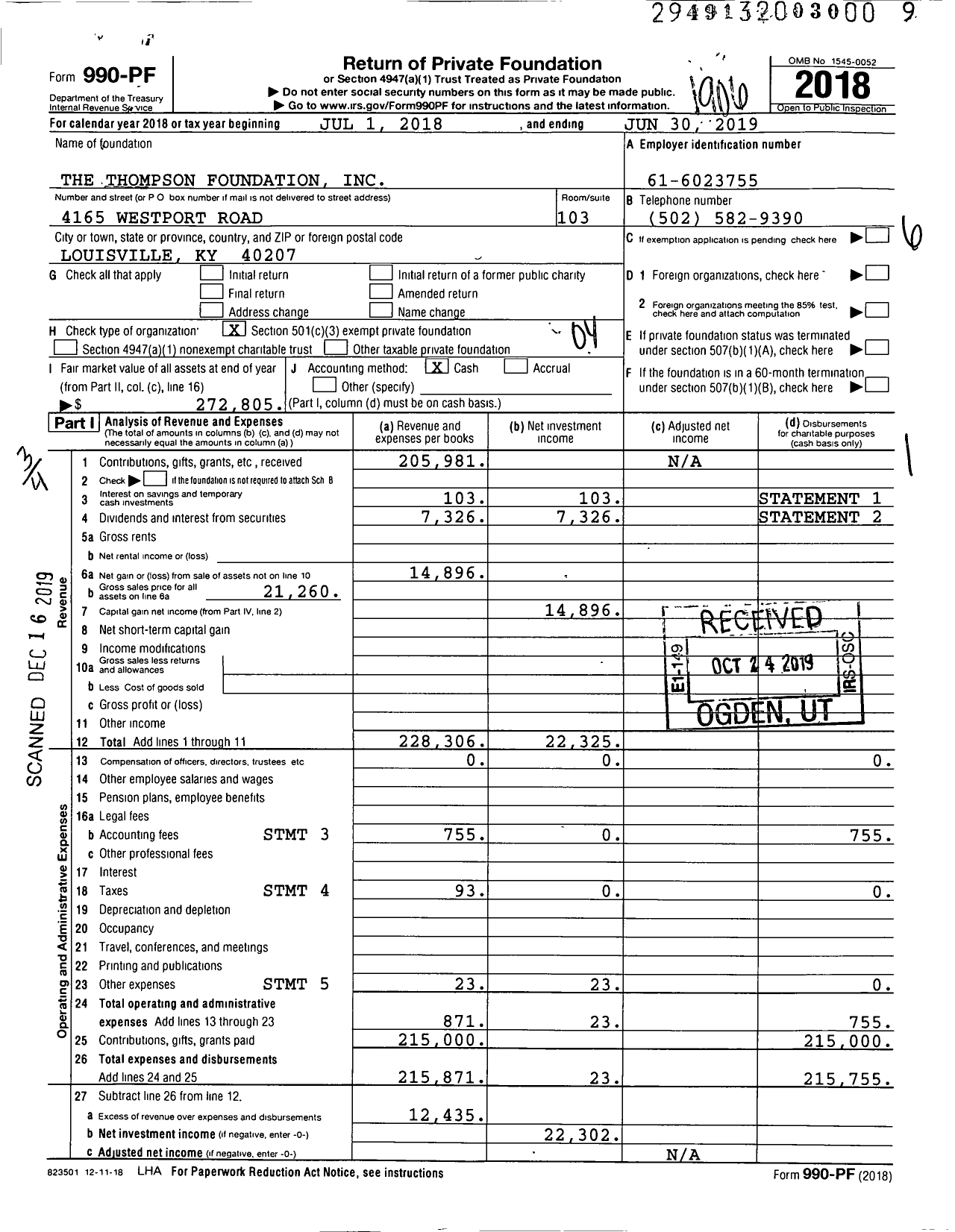 Image of first page of 2018 Form 990PF for The Thompson Foundation