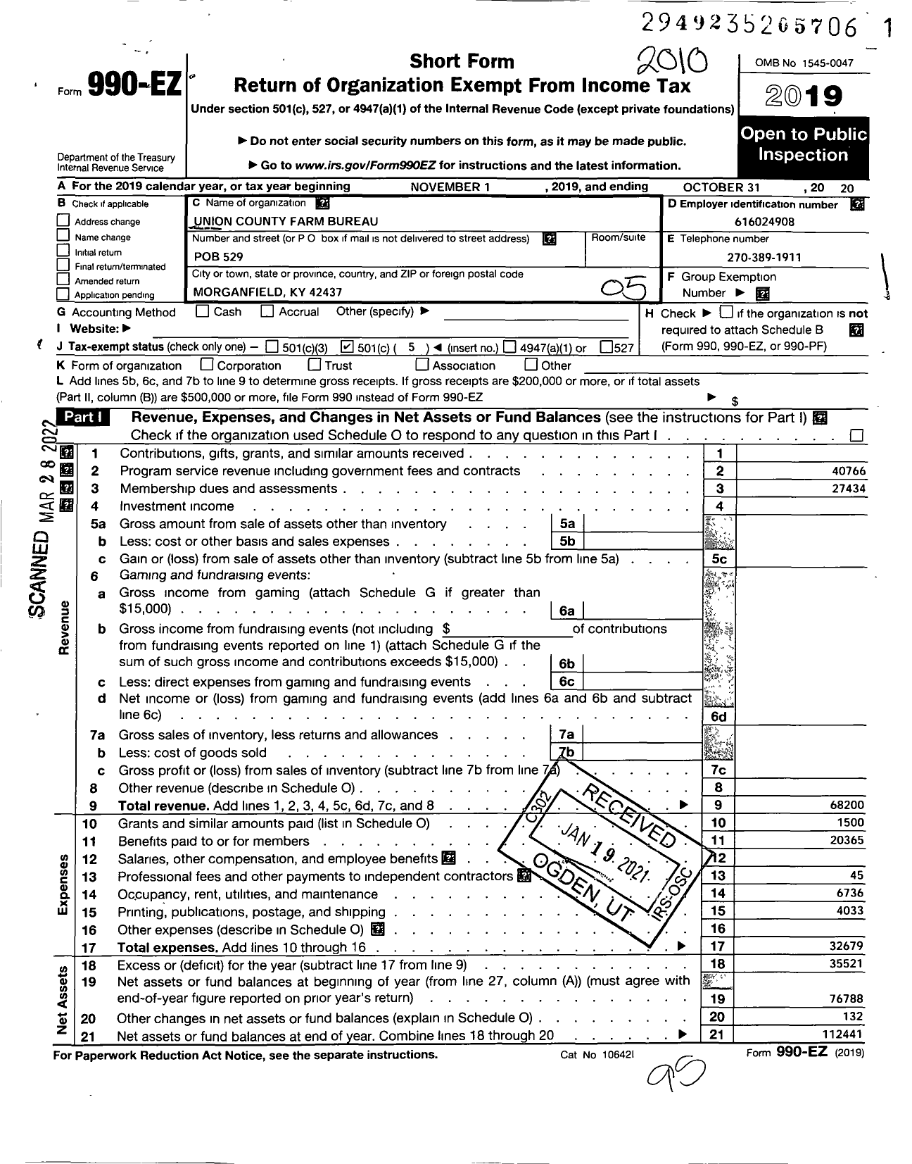 Image of first page of 2019 Form 990EO for Kentucky Farm Bureau Federation - Union County Farm Bureau